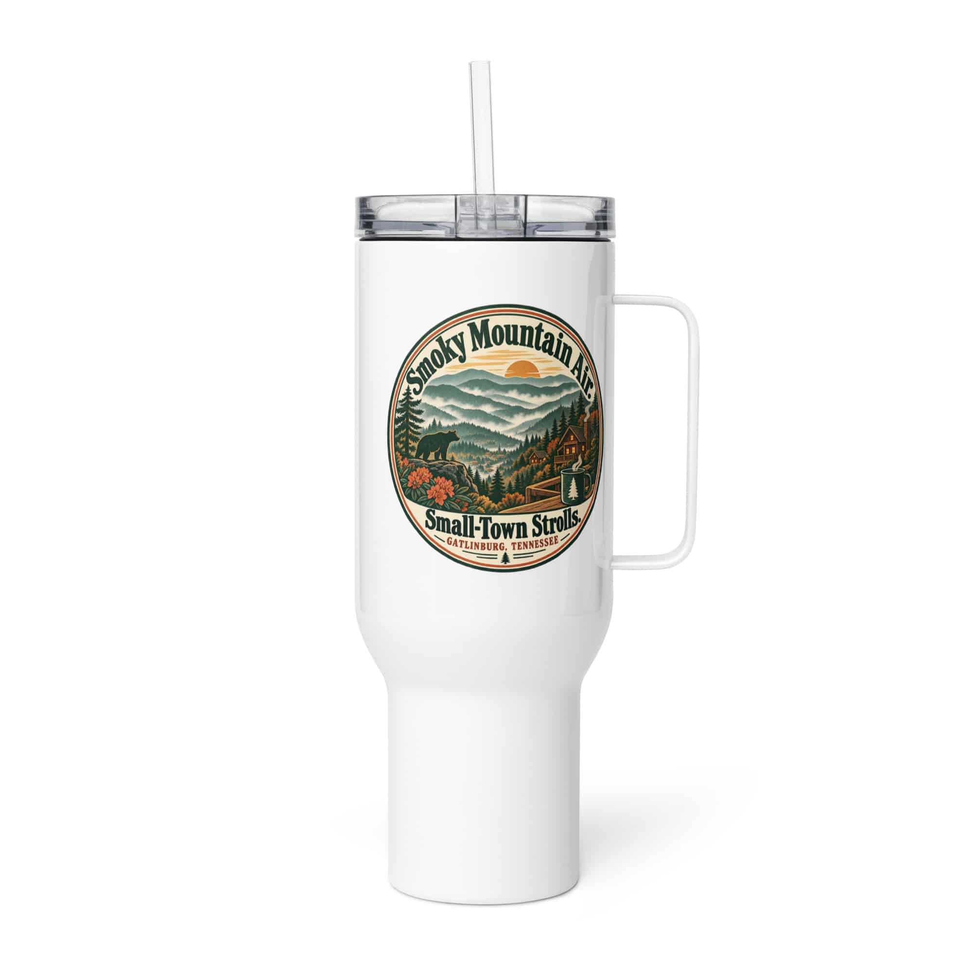 Gatlinburg and the Smokies Travel Mug: Smoky Mountain Air. Small-Town Strolls, Vintage Round Badge