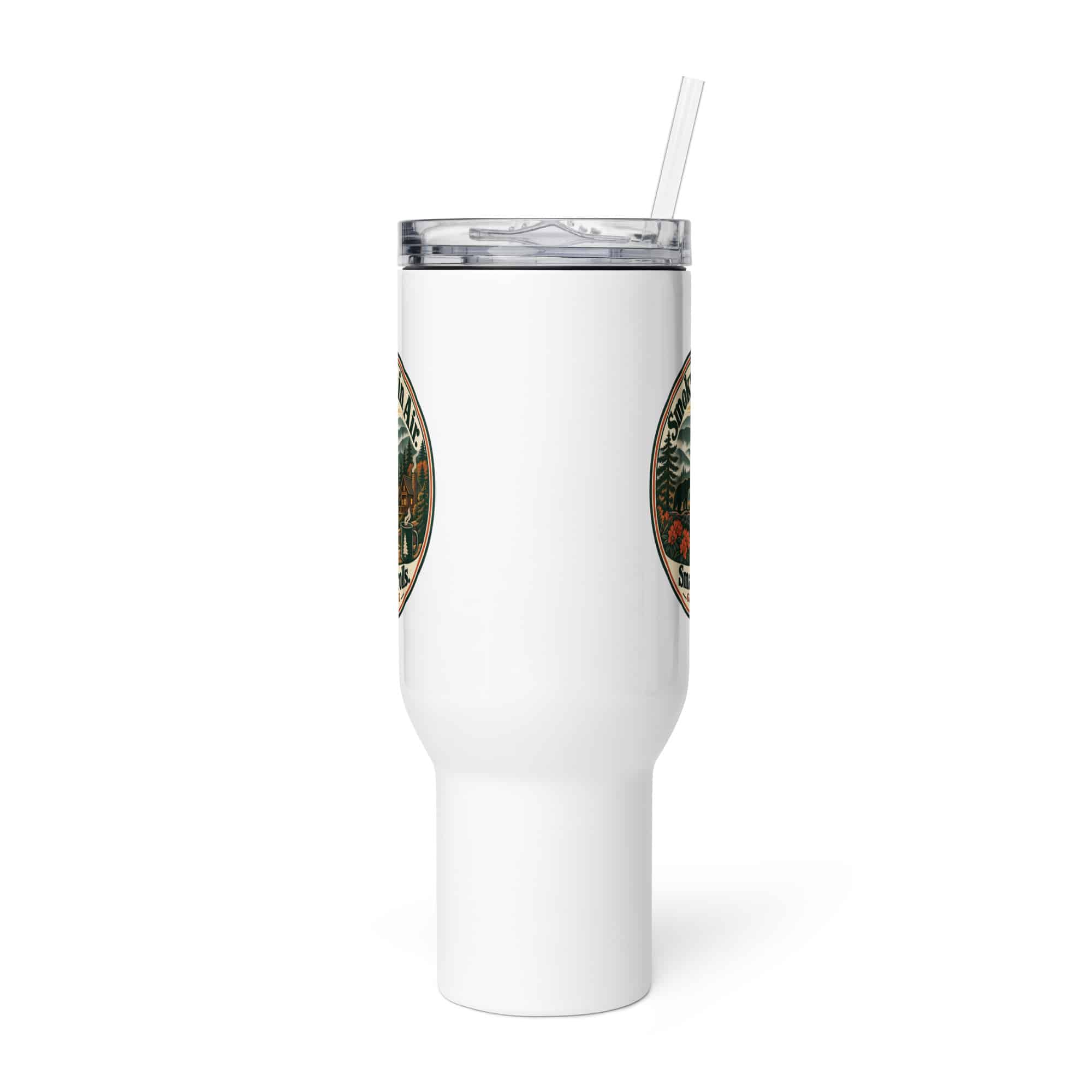 Gatlinburg and the Smokies Travel Mug: Smoky Mountain Air. Small-Town Strolls, Vintage Round Badge