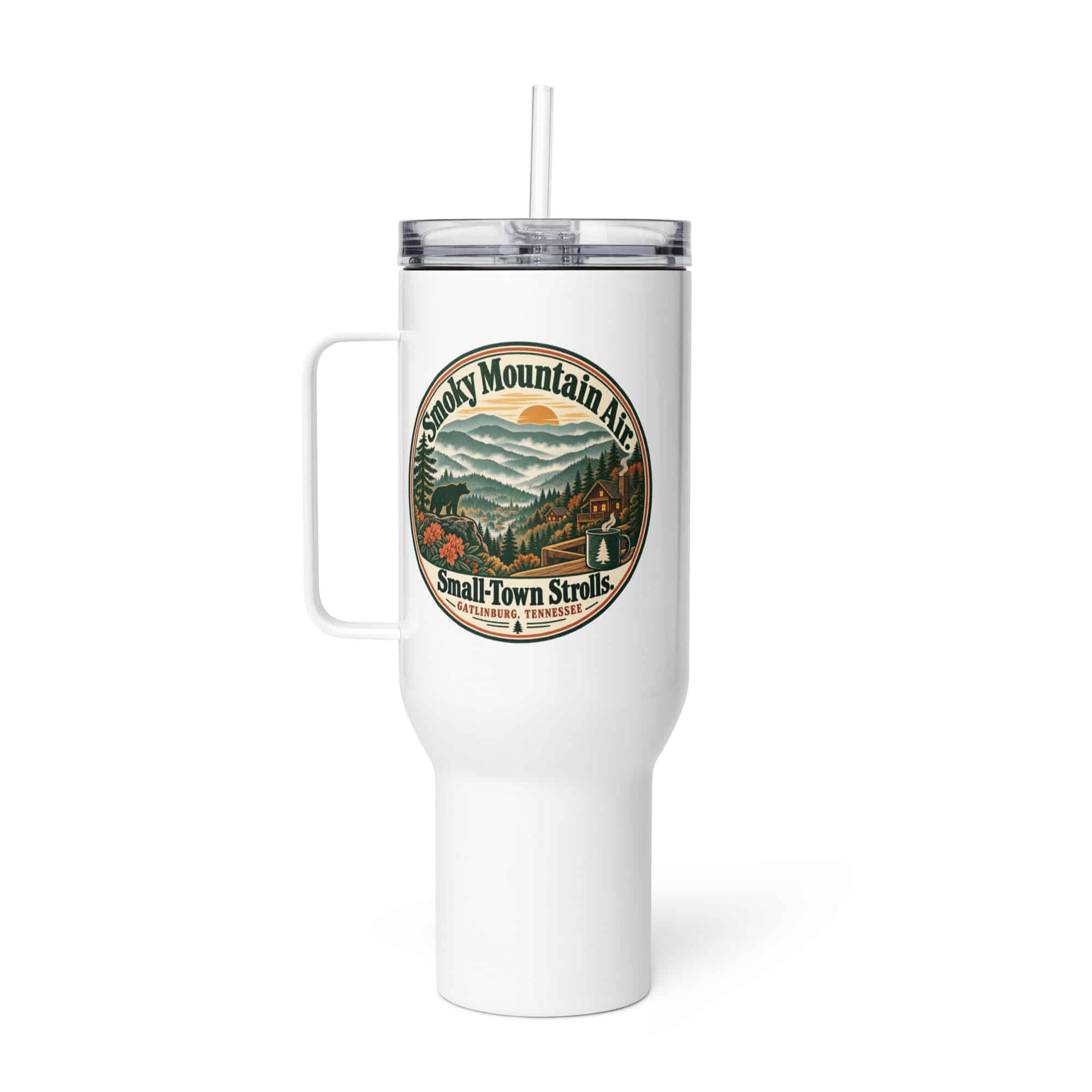 Gatlinburg and the Smokies Travel Mug: Smoky Mountain Air. Small-Town Strolls, Vintage Round Badge