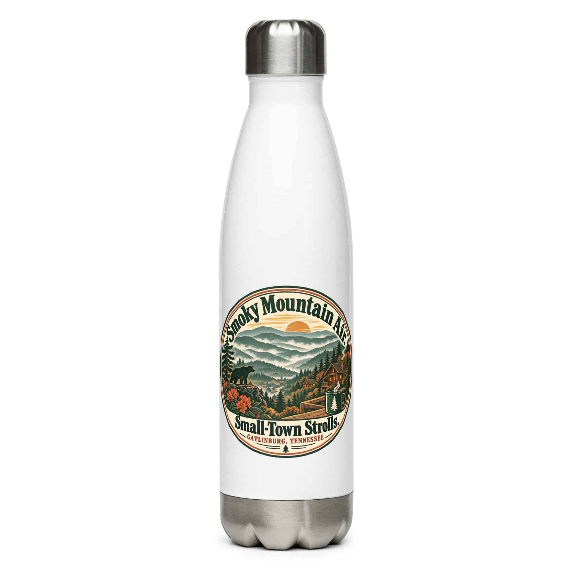 Gatlinburg and the Smokies Stainless Steel Water Bottle: Smoky Mountain Air. Small-Town Strolls, Vintage Round Badge