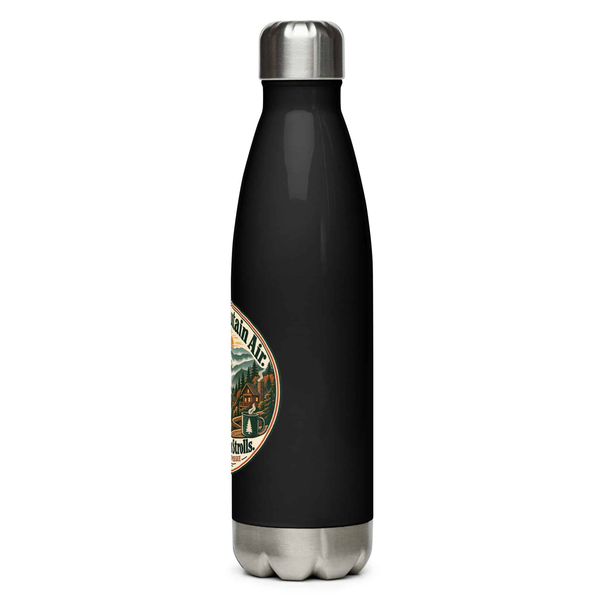 Gatlinburg and the Smokies Stainless Steel Water Bottle: Smoky Mountain Air. Small-Town Strolls, Vintage Round Badge