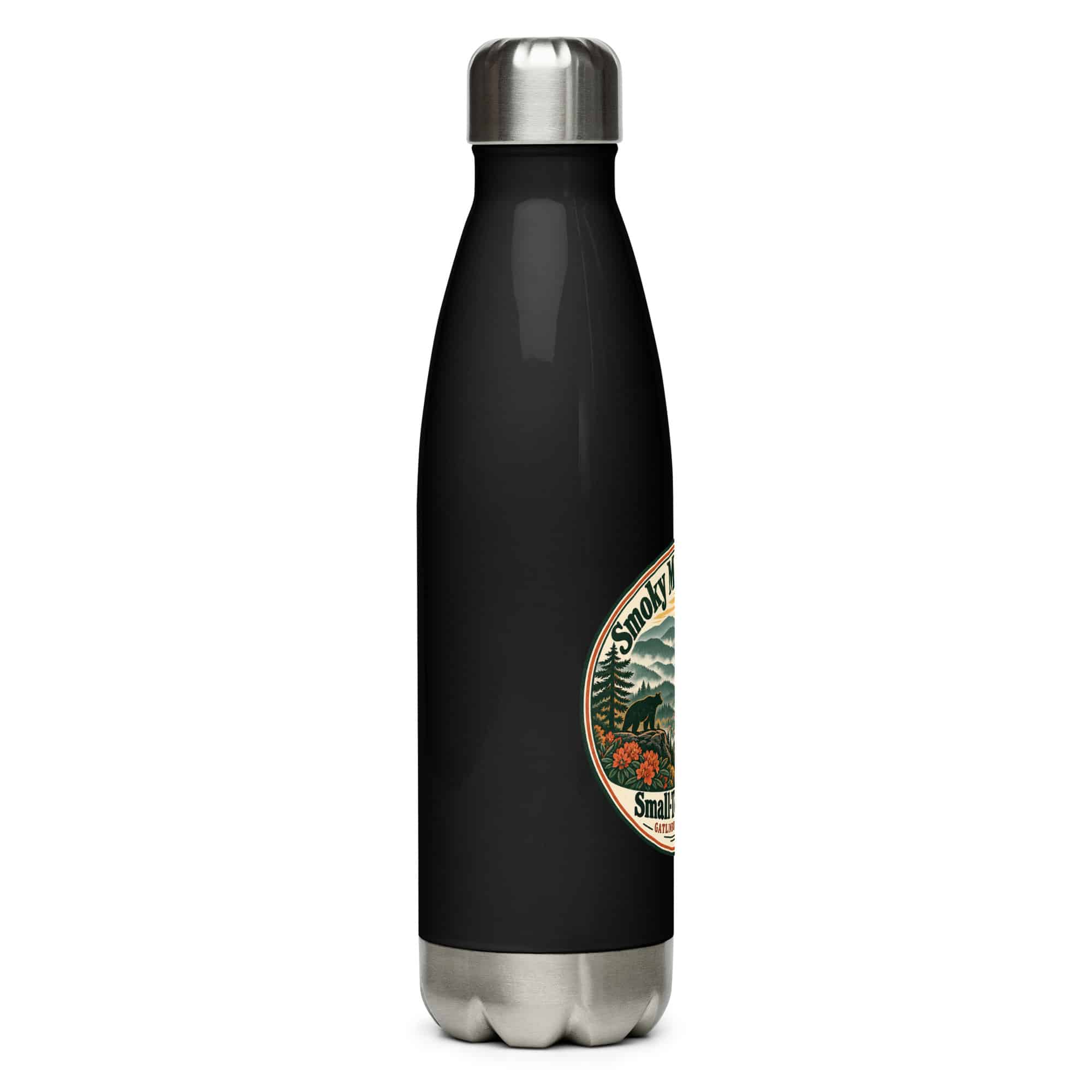 Gatlinburg and the Smokies Stainless Steel Water Bottle: Smoky Mountain Air. Small-Town Strolls, Vintage Round Badge