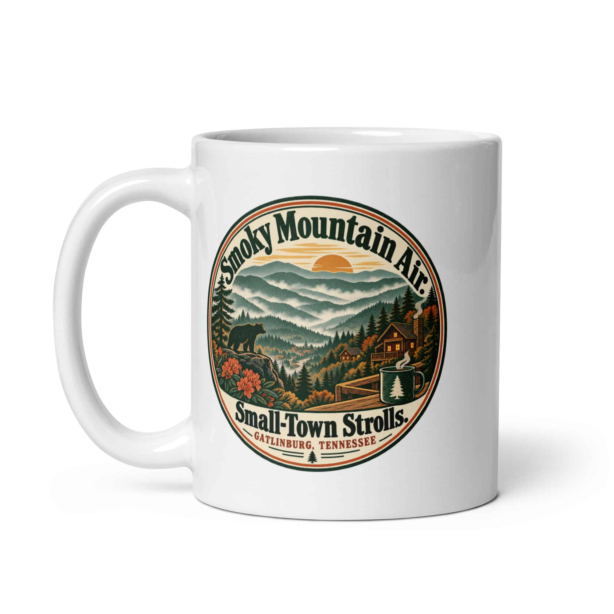 Gatlinburg and the Smokies White Ceramic Coffee Mug: Smoky Mountain Air. Small-Town Strolls, Vintage Round Badge