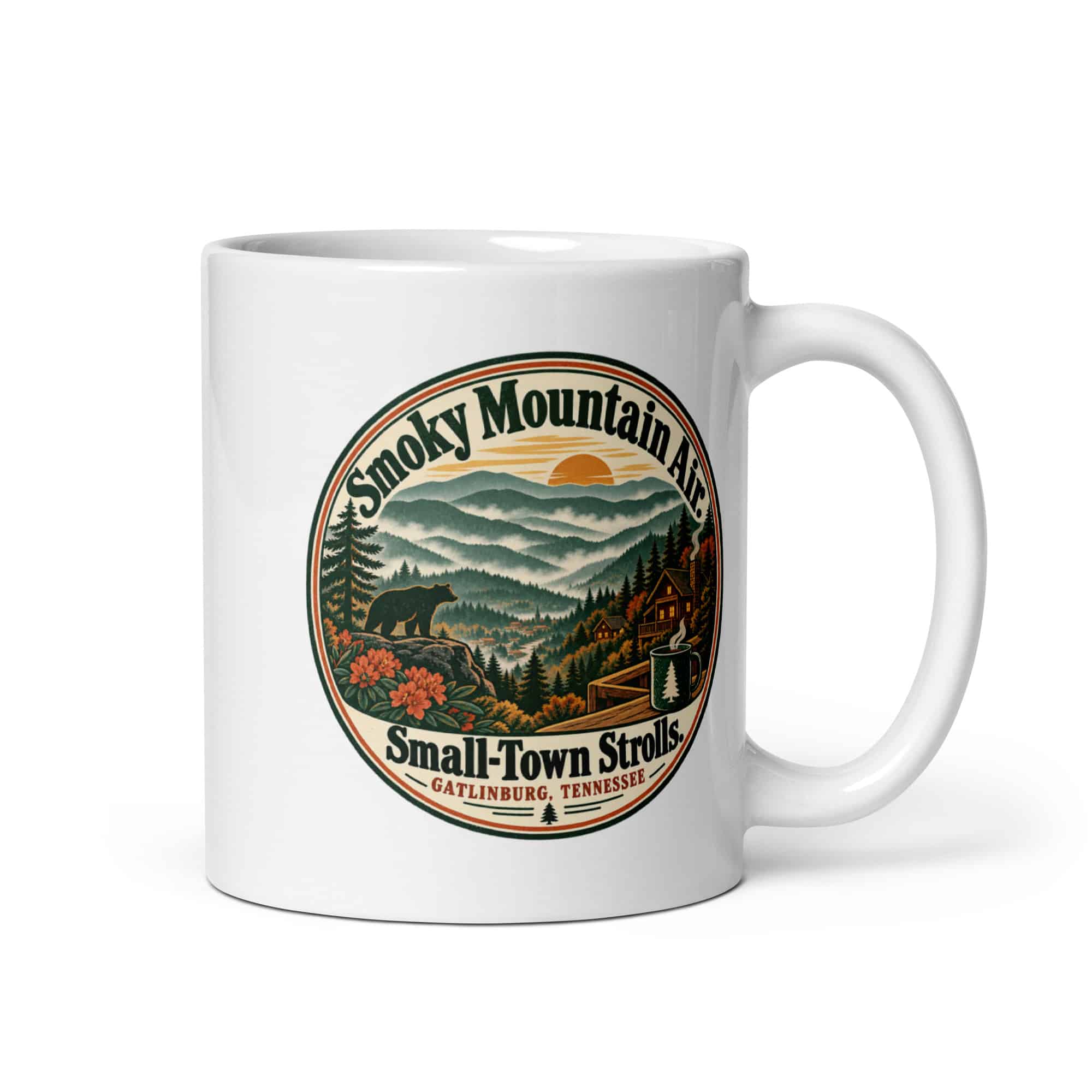 Gatlinburg and the Smokies White Ceramic Coffee Mug: Smoky Mountain Air. Small-Town Strolls, Vintage Round Badge