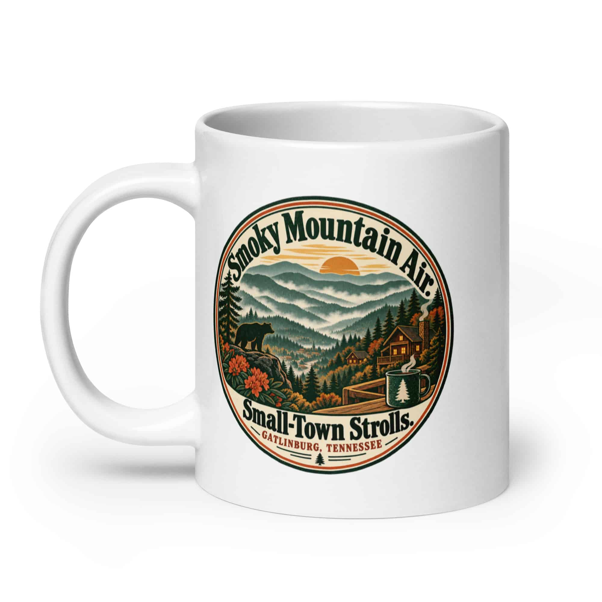 Gatlinburg and the Smokies White Ceramic Coffee Mug: Smoky Mountain Air. Small-Town Strolls, Vintage Round Badge