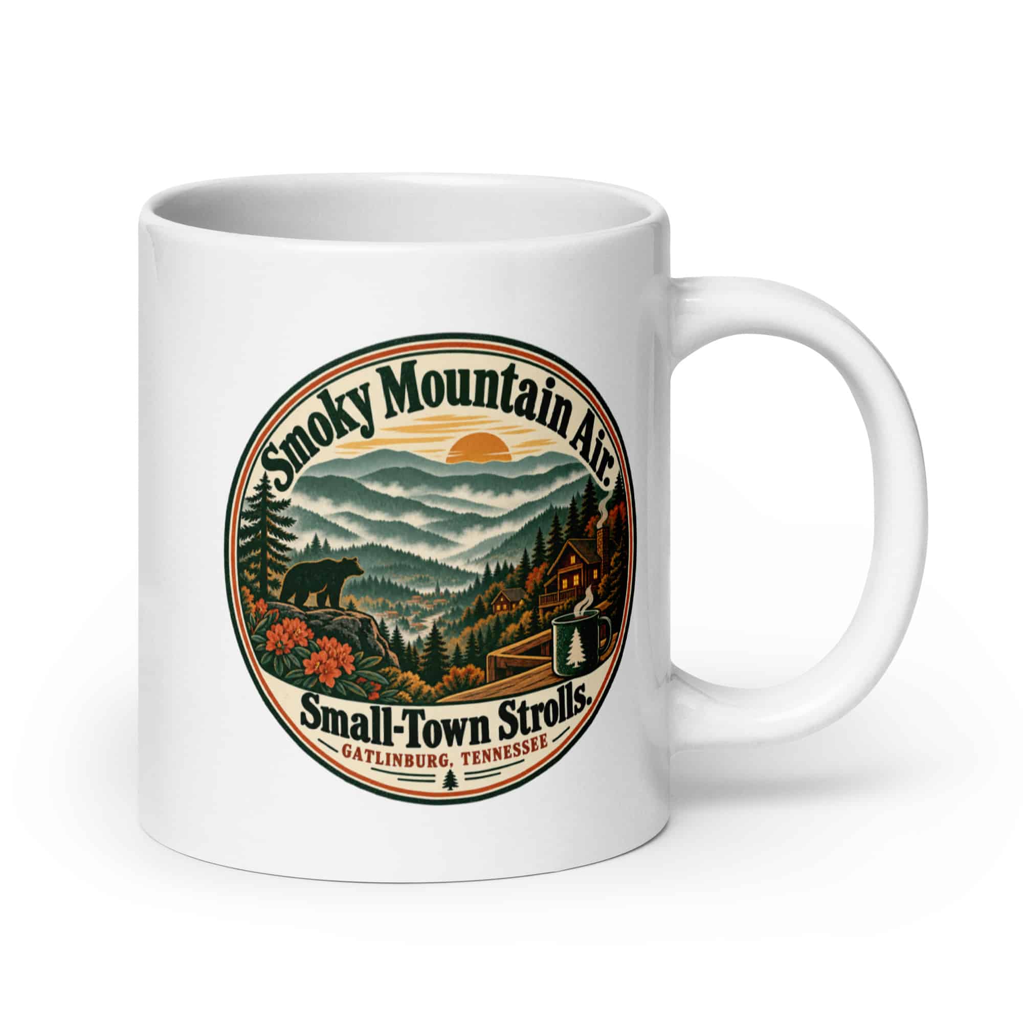 Gatlinburg and the Smokies White Ceramic Coffee Mug: Smoky Mountain Air. Small-Town Strolls, Vintage Round Badge
