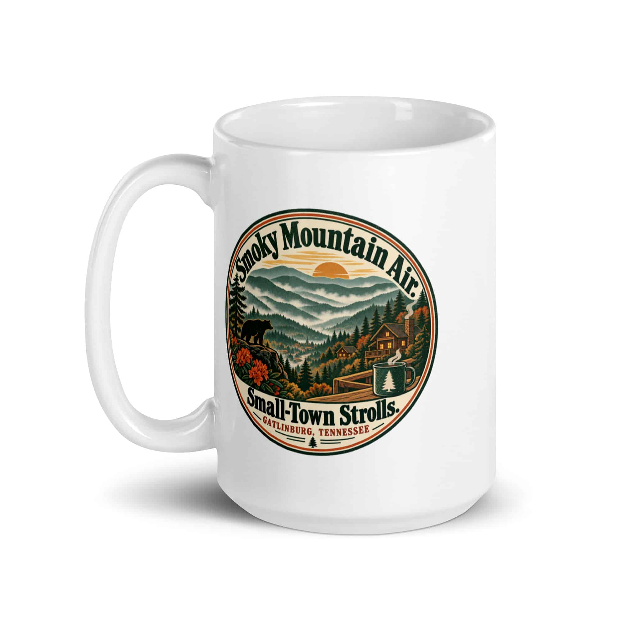 Gatlinburg and the Smokies White Ceramic Coffee Mug: Smoky Mountain Air. Small-Town Strolls, Vintage Round Badge