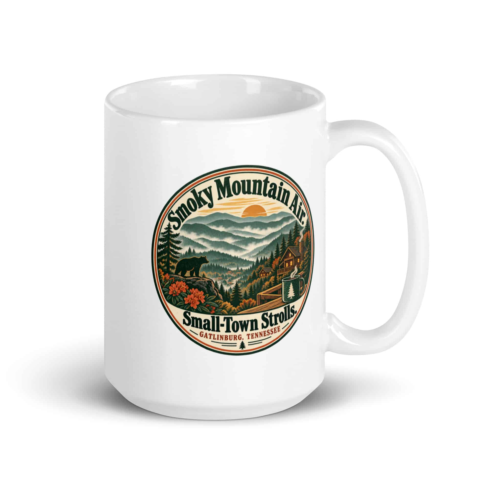Gatlinburg and the Smokies White Ceramic Coffee Mug: Smoky Mountain Air. Small-Town Strolls, Vintage Round Badge