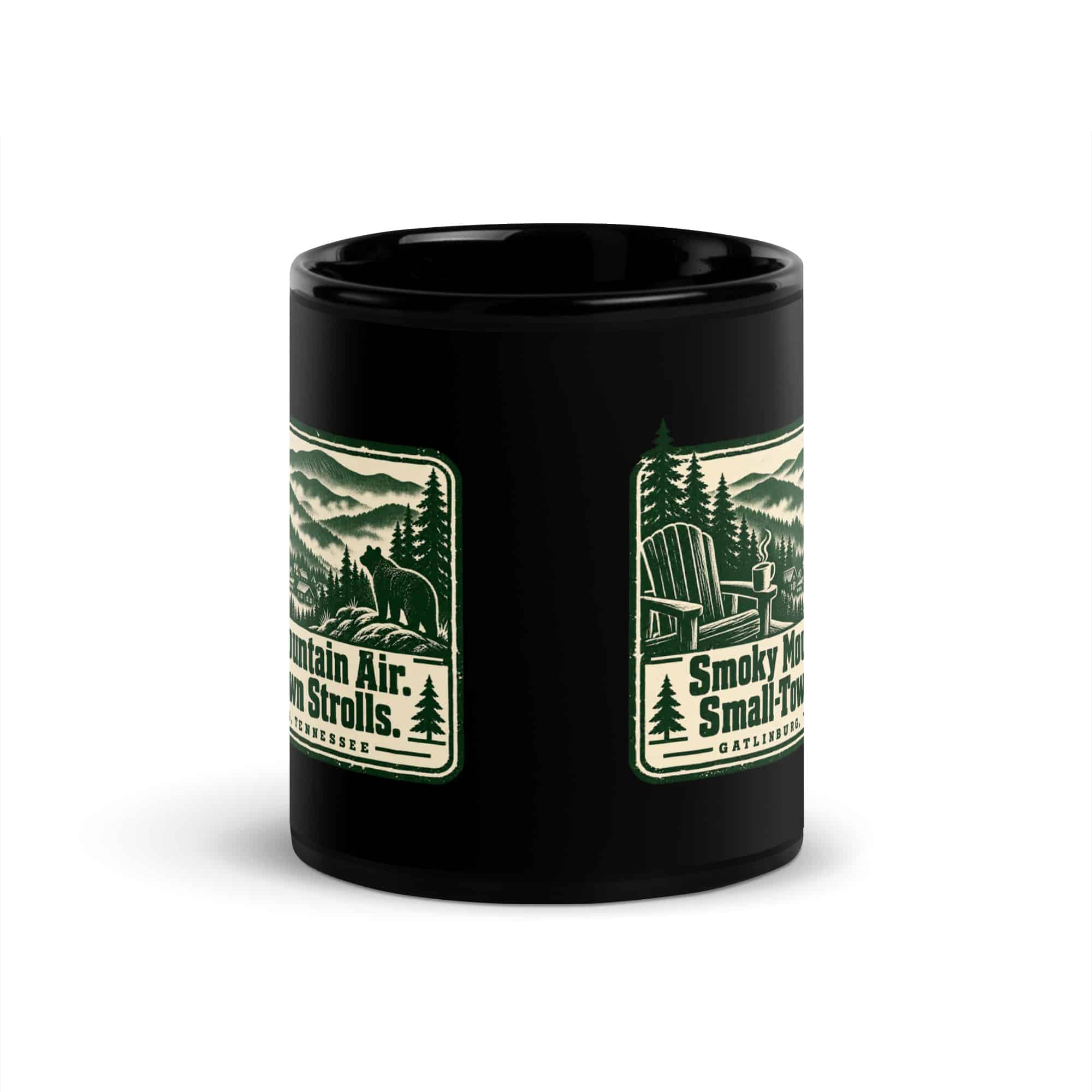 Gatlinburg and the Smokies Black Coffee Mug: Smoky Mountain Air. Small-Town Strolls, Forest Ink Stamp