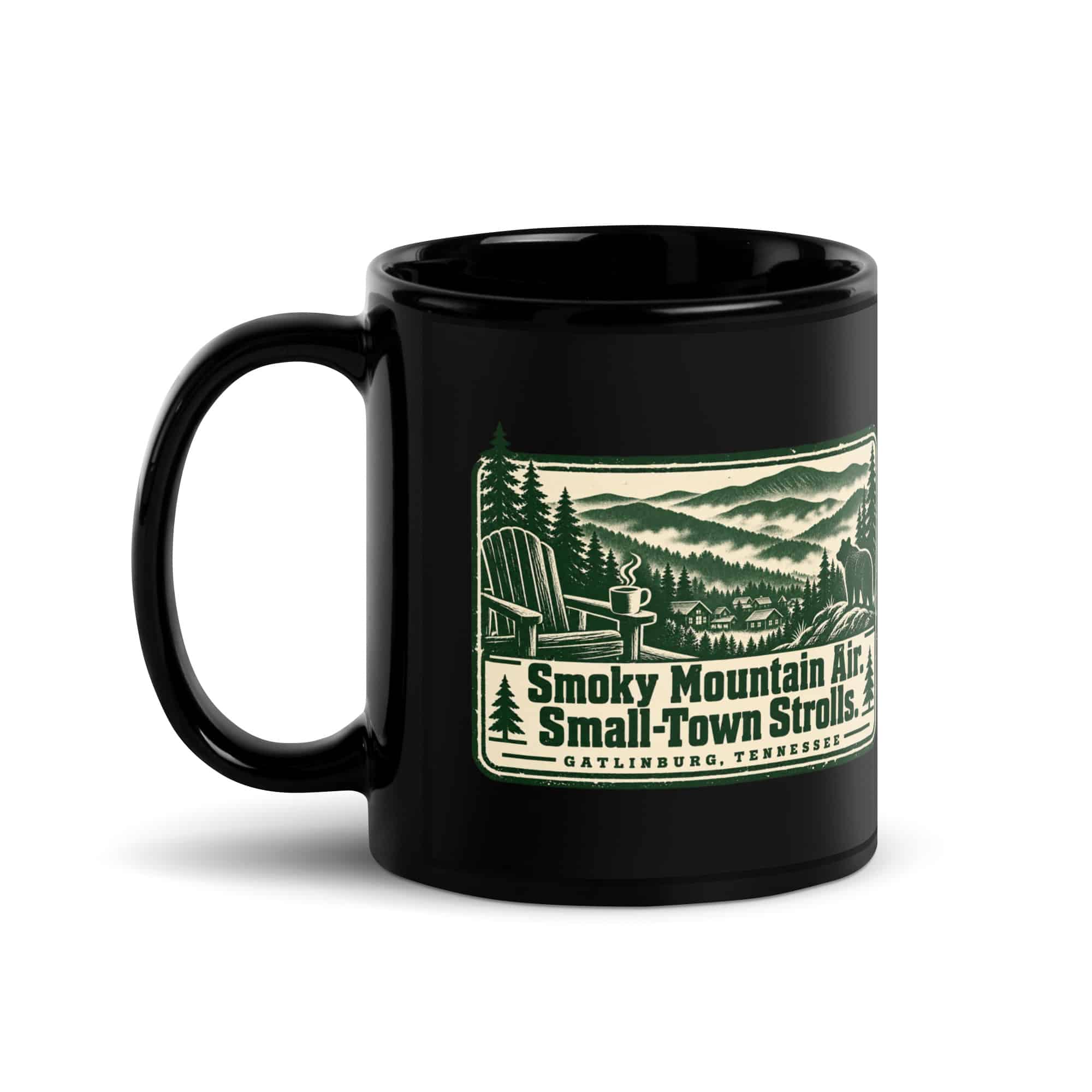 Gatlinburg and the Smokies Black Coffee Mug: Smoky Mountain Air. Small-Town Strolls, Forest Ink Stamp