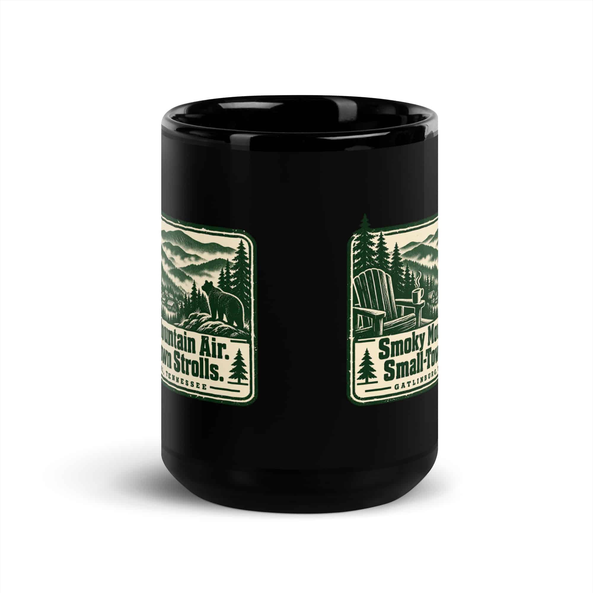 Gatlinburg and the Smokies Black Coffee Mug: Smoky Mountain Air. Small-Town Strolls, Forest Ink Stamp