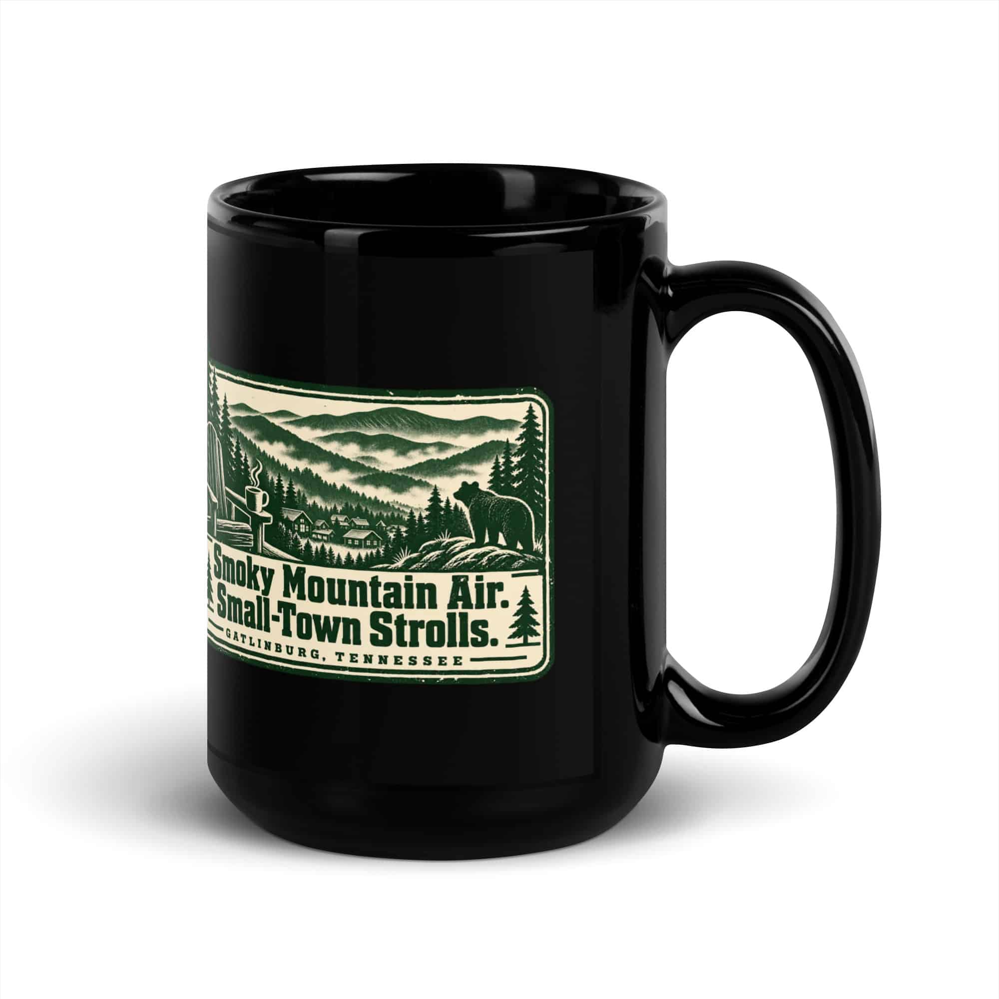 Gatlinburg and the Smokies Black Coffee Mug: Smoky Mountain Air. Small-Town Strolls, Forest Ink Stamp