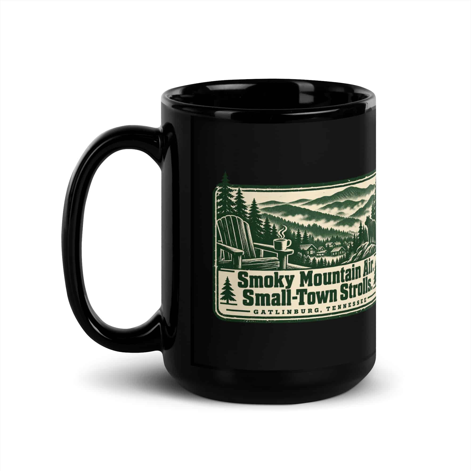 Gatlinburg and the Smokies Black Coffee Mug: Smoky Mountain Air. Small-Town Strolls, Forest Ink Stamp