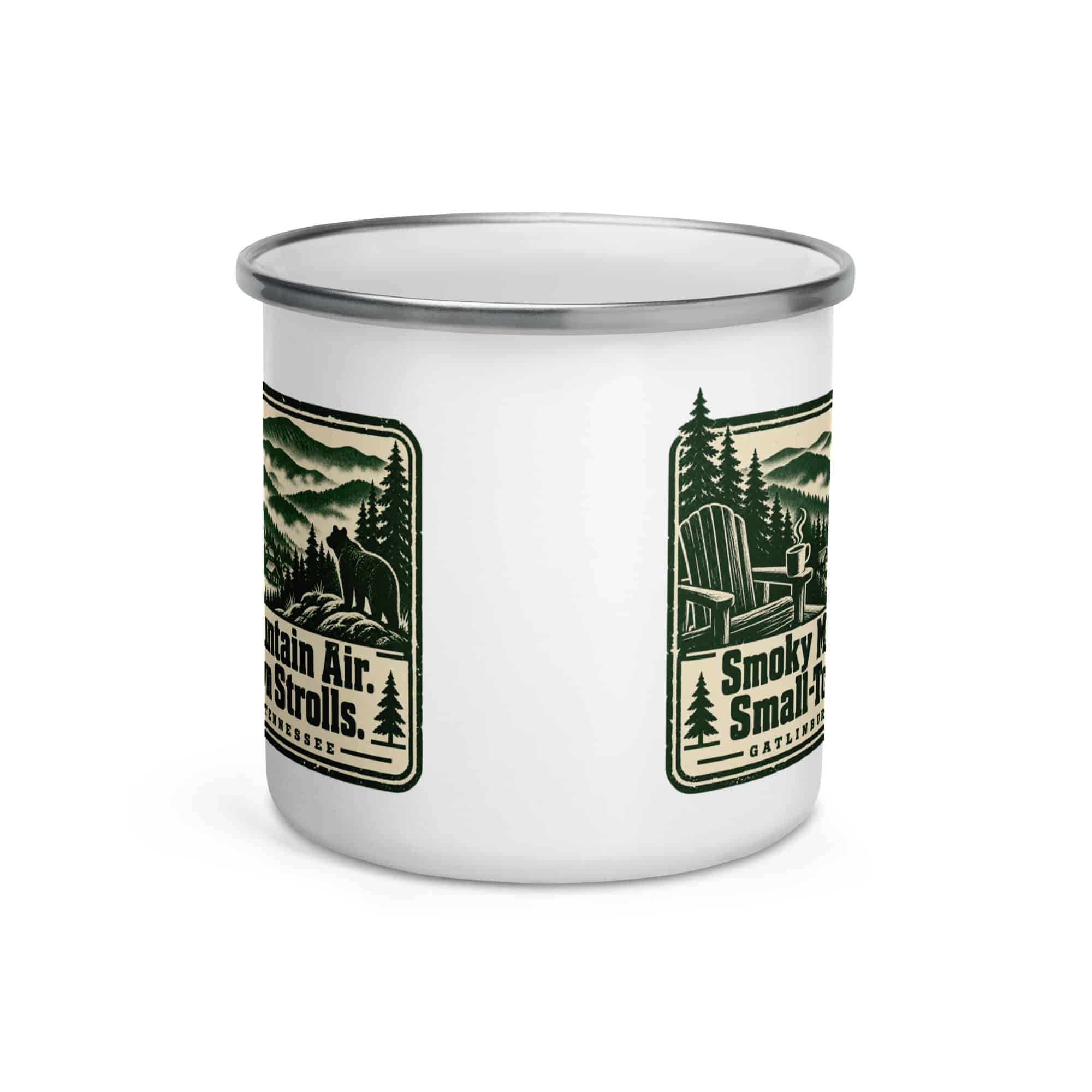 Gatlinburg and the Smokies Enamel Camp Mug: Smoky Mountain Air. Small-Town Strolls, Forest Ink Stamp