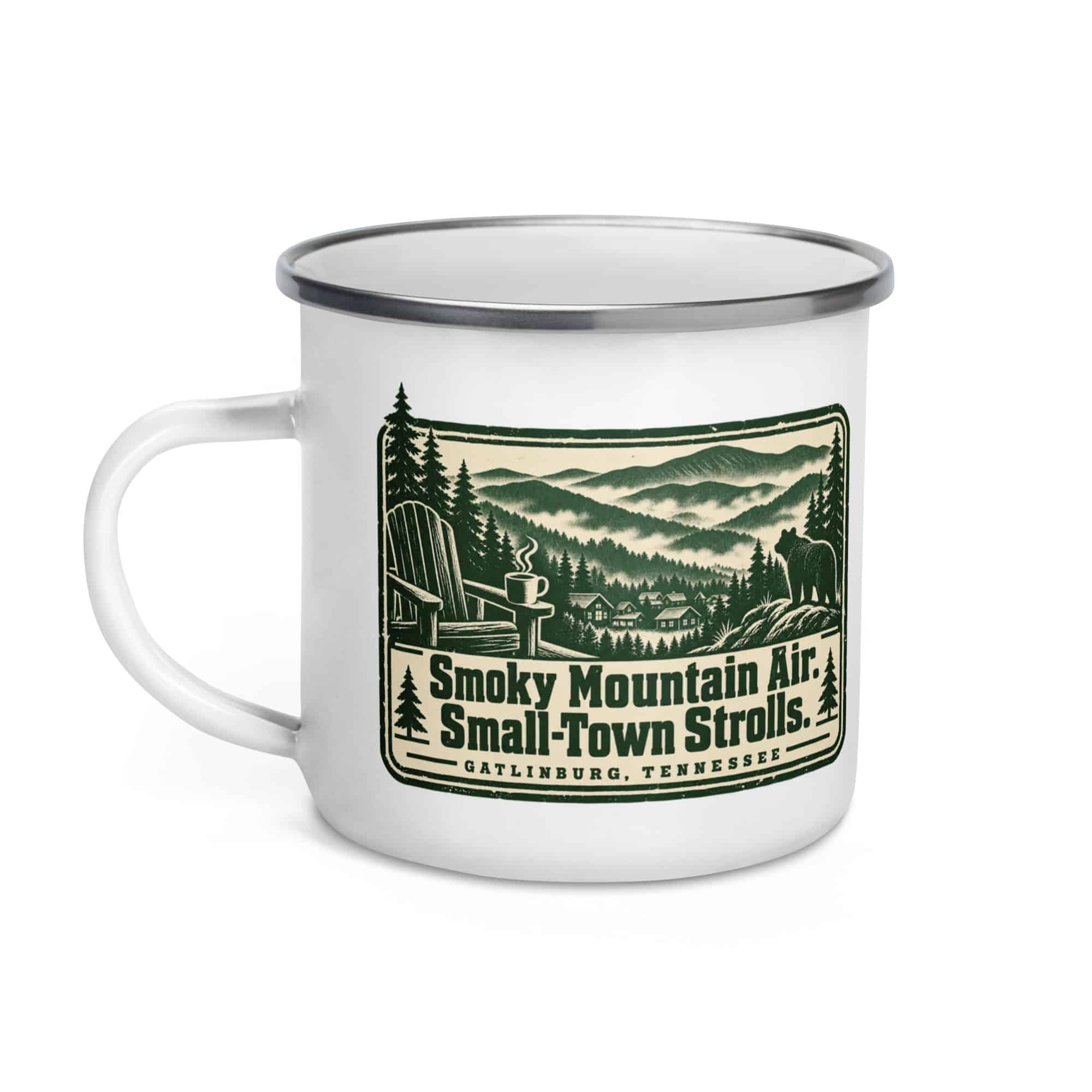 Gatlinburg and the Smokies Enamel Camp Mug: Smoky Mountain Air. Small-Town Strolls, Forest Ink Stamp