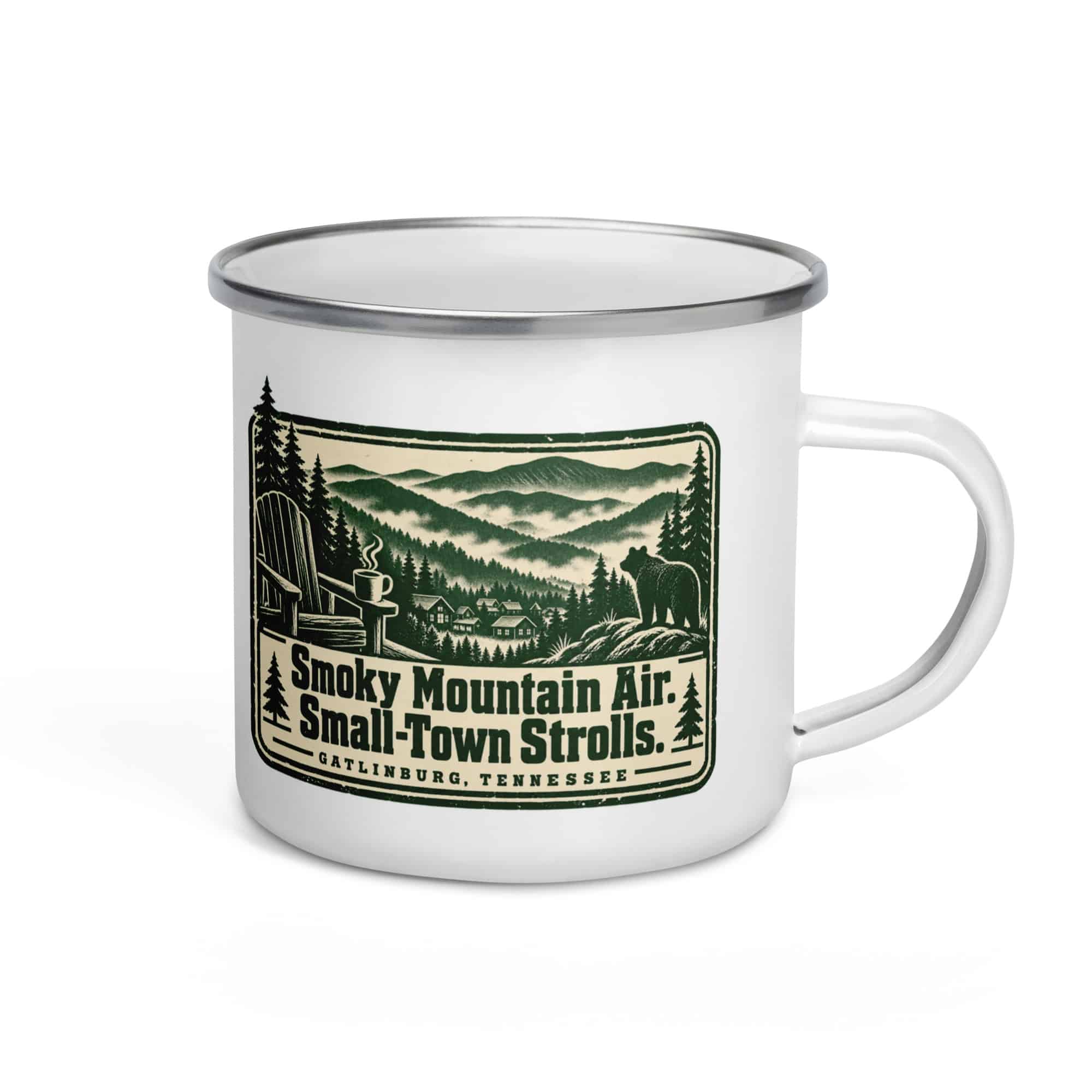 Gatlinburg and the Smokies Enamel Camp Mug: Smoky Mountain Air. Small-Town Strolls, Forest Ink Stamp