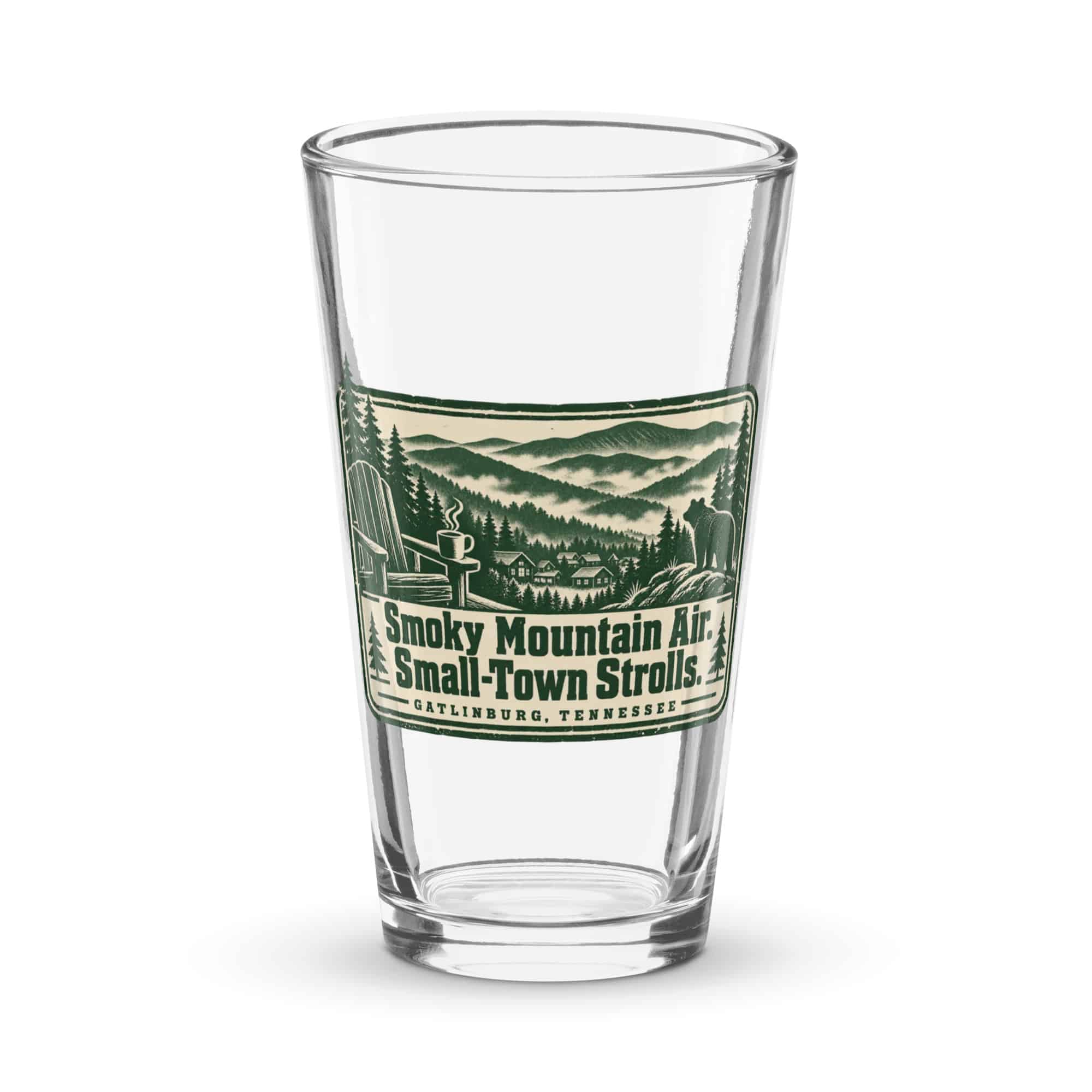 Gatlinburg and the Smokies Pint Glass: Smoky Mountain Air. Small-Town Strolls, Forest Ink Stamp