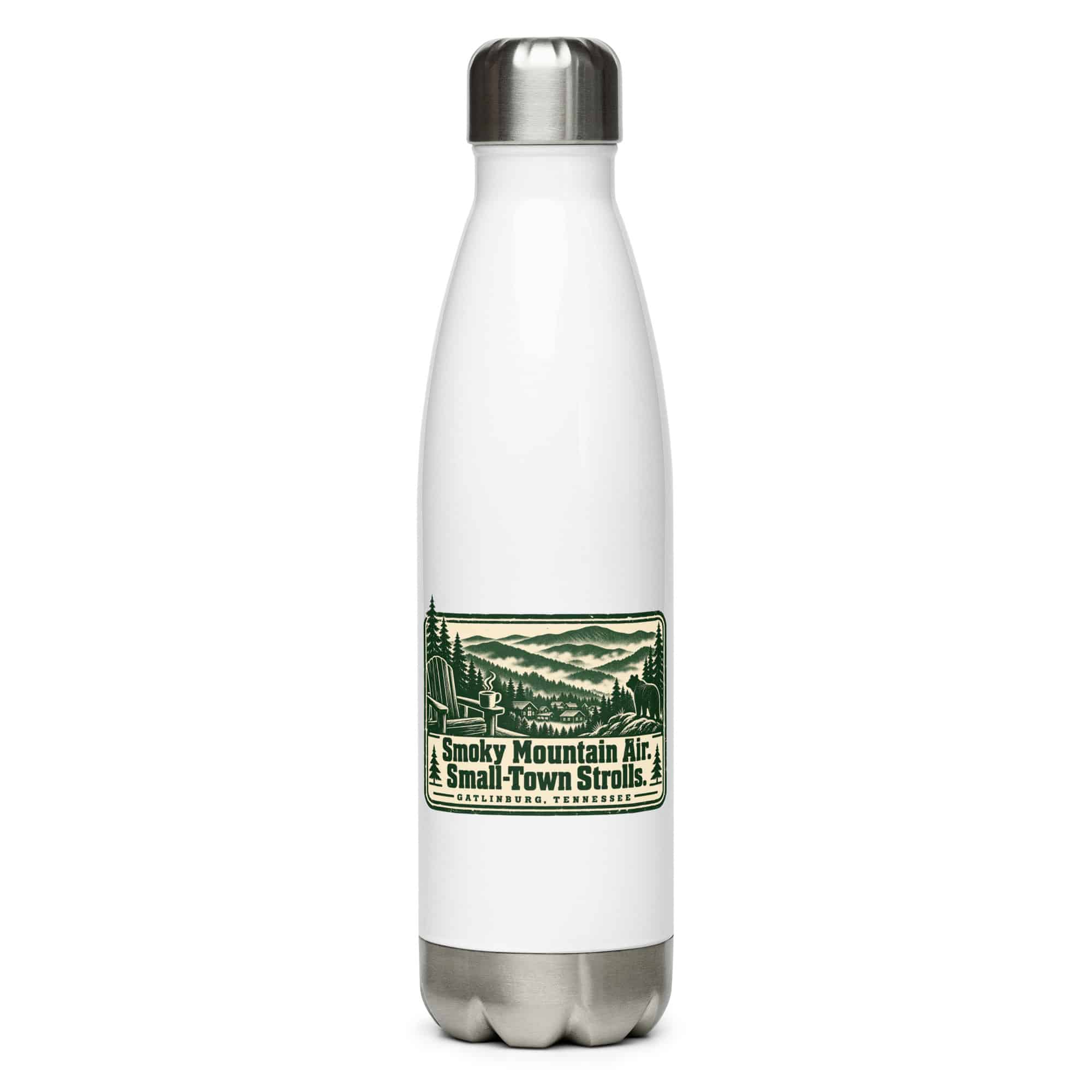 Gatlinburg and the Smokies Stainless Steel Water Bottle: Smoky Mountain Air. Small-Town Strolls, Forest Ink Stamp