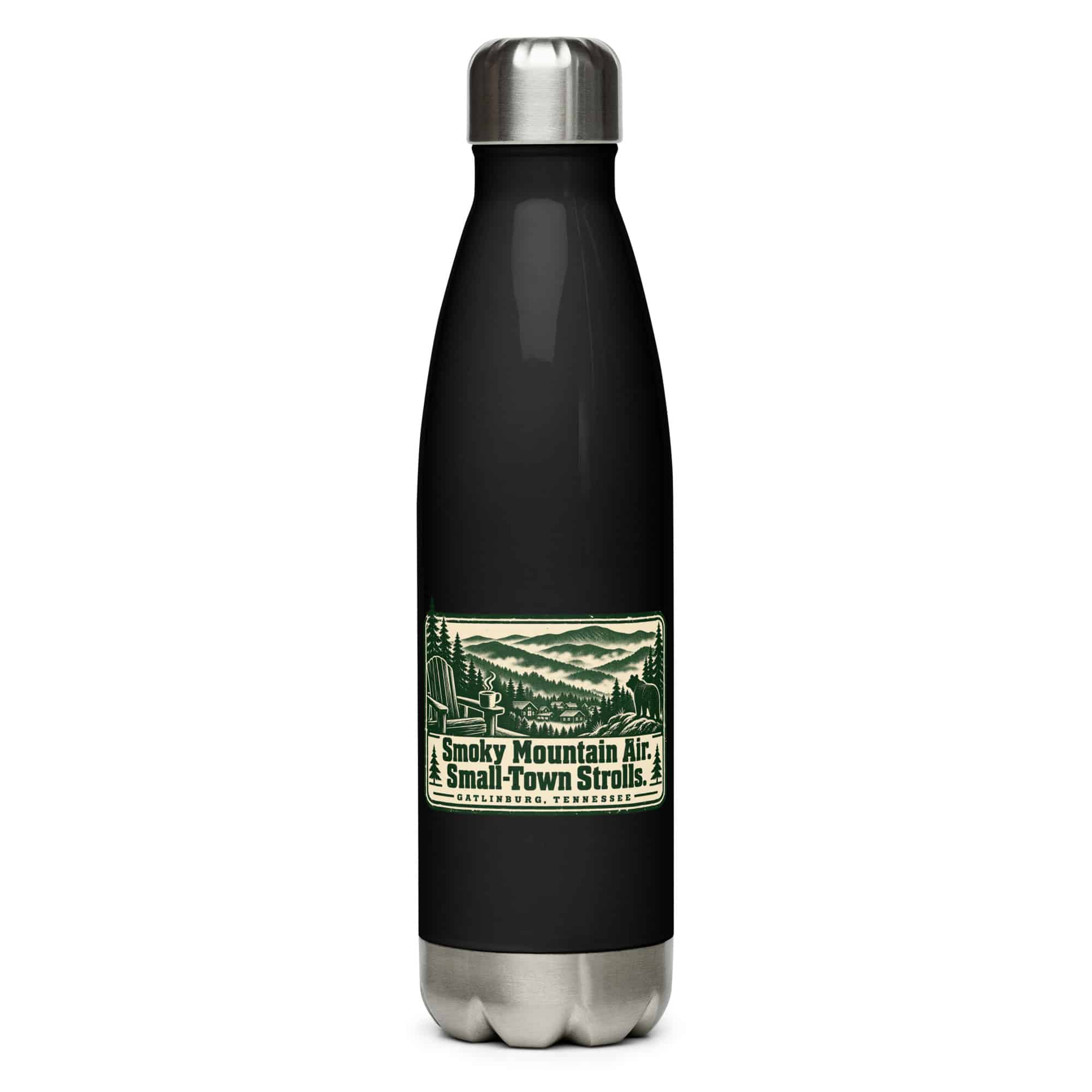 Gatlinburg and the Smokies Stainless Steel Water Bottle: Smoky Mountain Air. Small-Town Strolls, Forest Ink Stamp