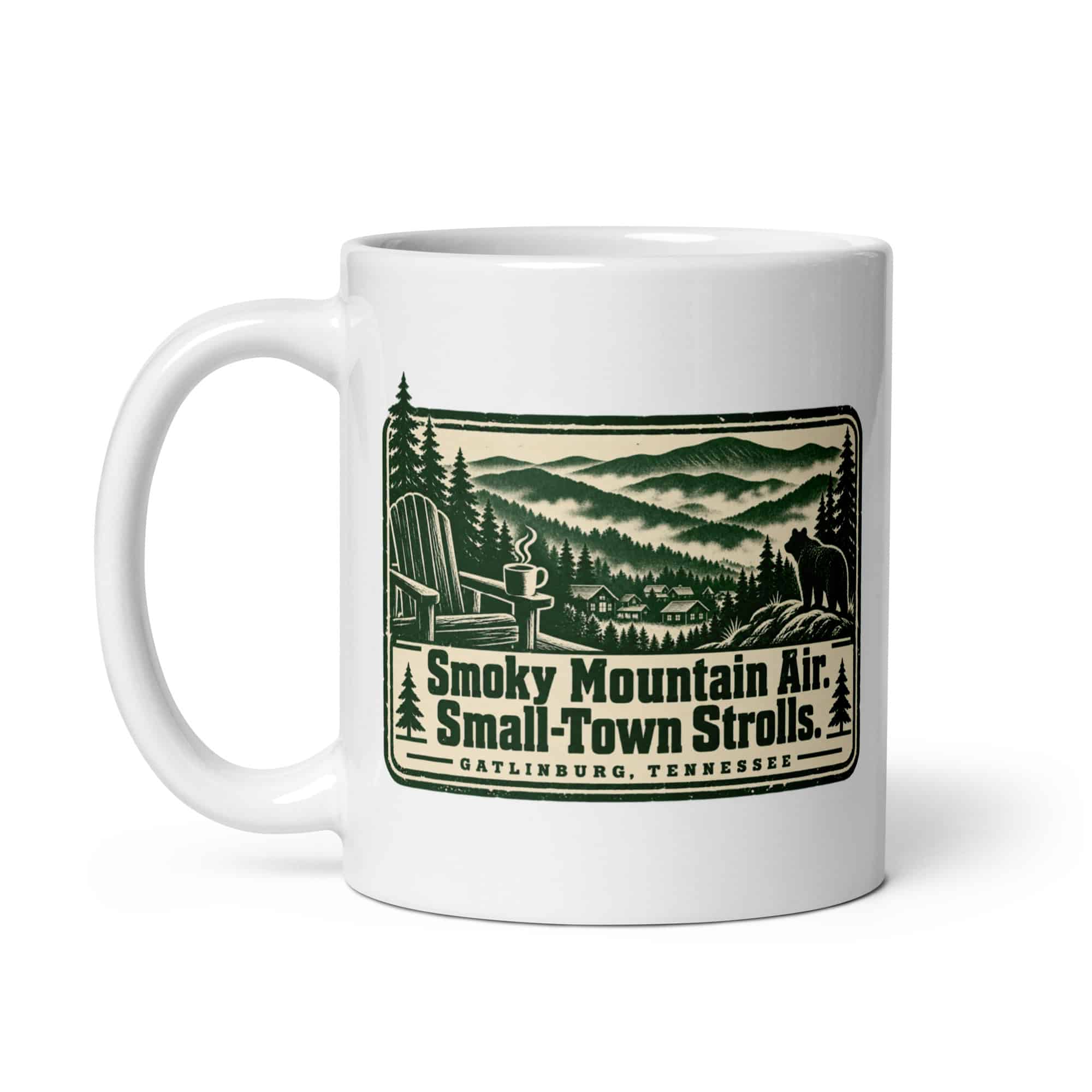 Gatlinburg and the Smokies White Ceramic Coffee Mug: Smoky Mountain Air. Small-Town Strolls, Forest Ink Stamp