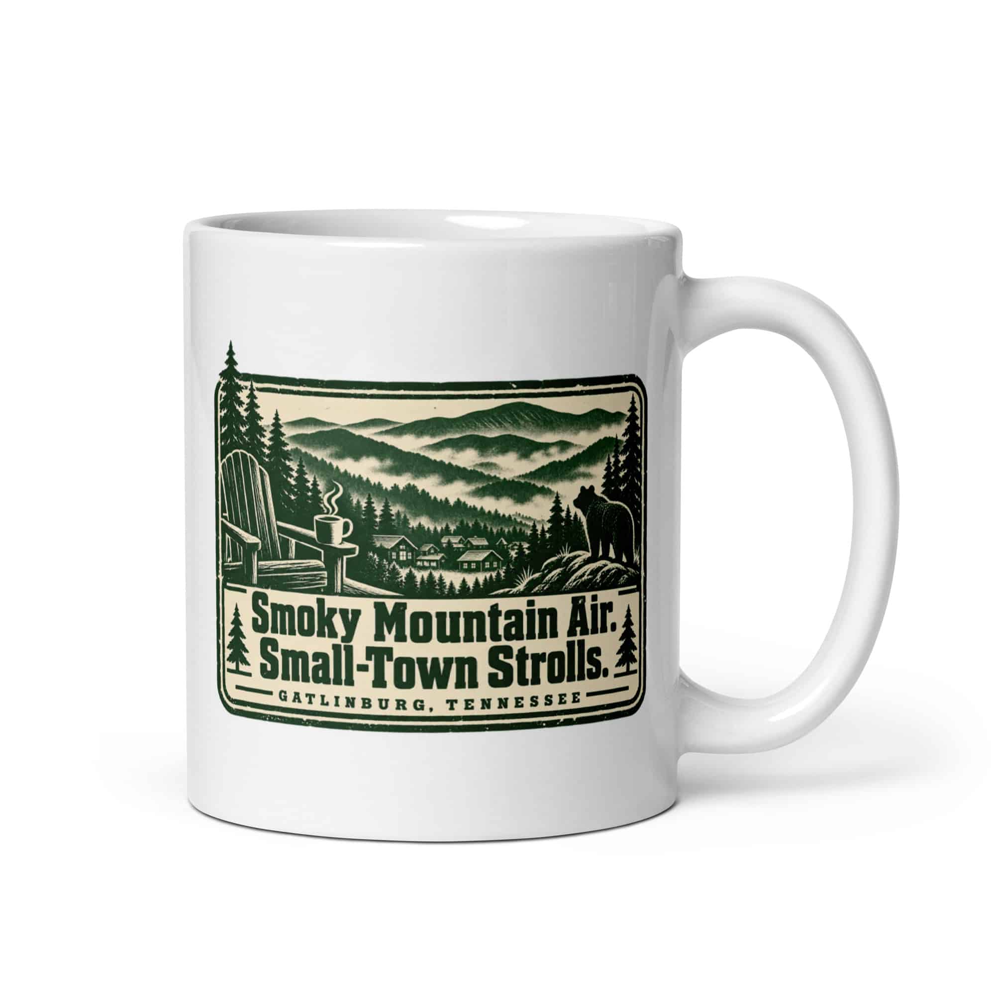 Gatlinburg and the Smokies White Ceramic Coffee Mug: Smoky Mountain Air. Small-Town Strolls, Forest Ink Stamp