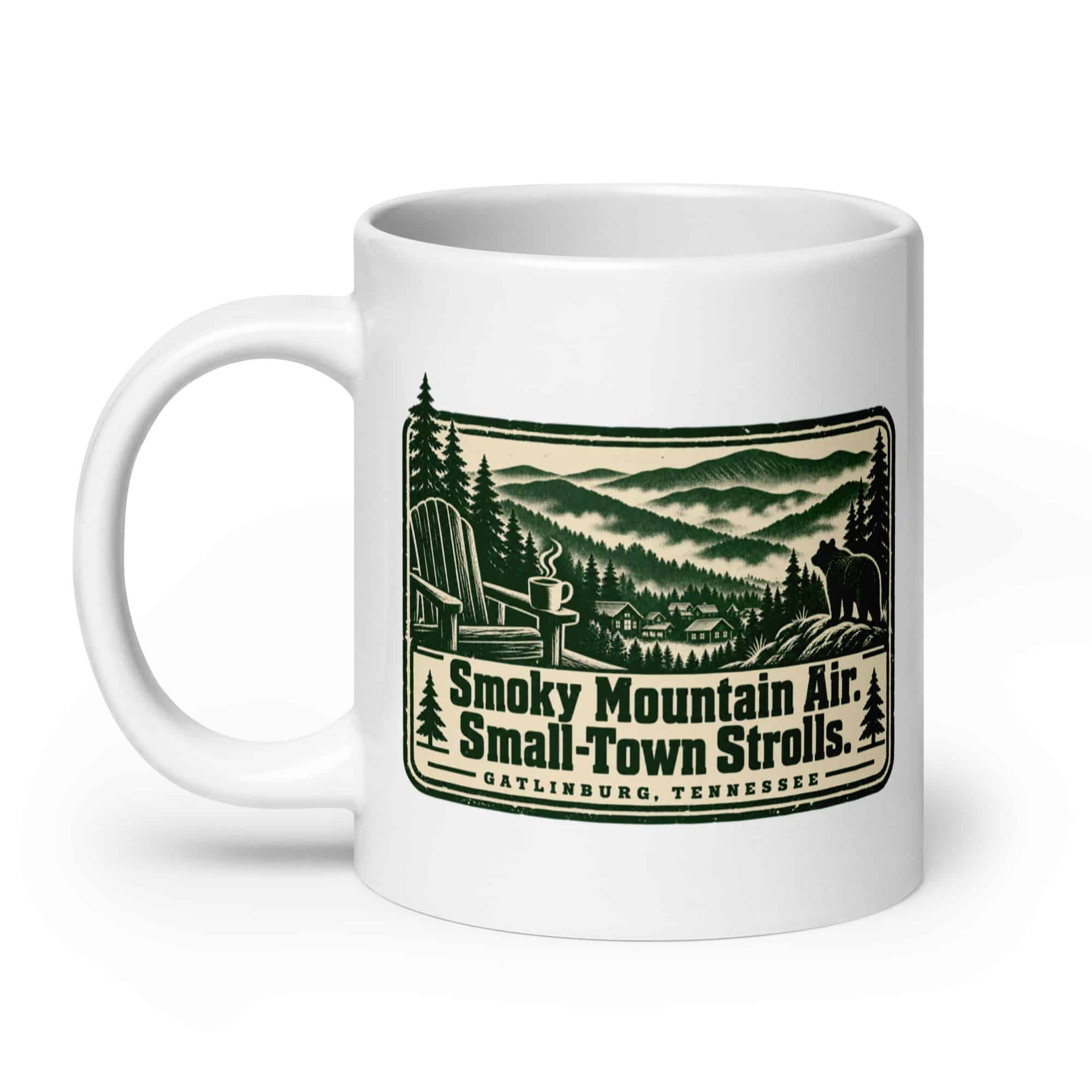 Gatlinburg and the Smokies White Ceramic Coffee Mug: Smoky Mountain Air. Small-Town Strolls, Forest Ink Stamp