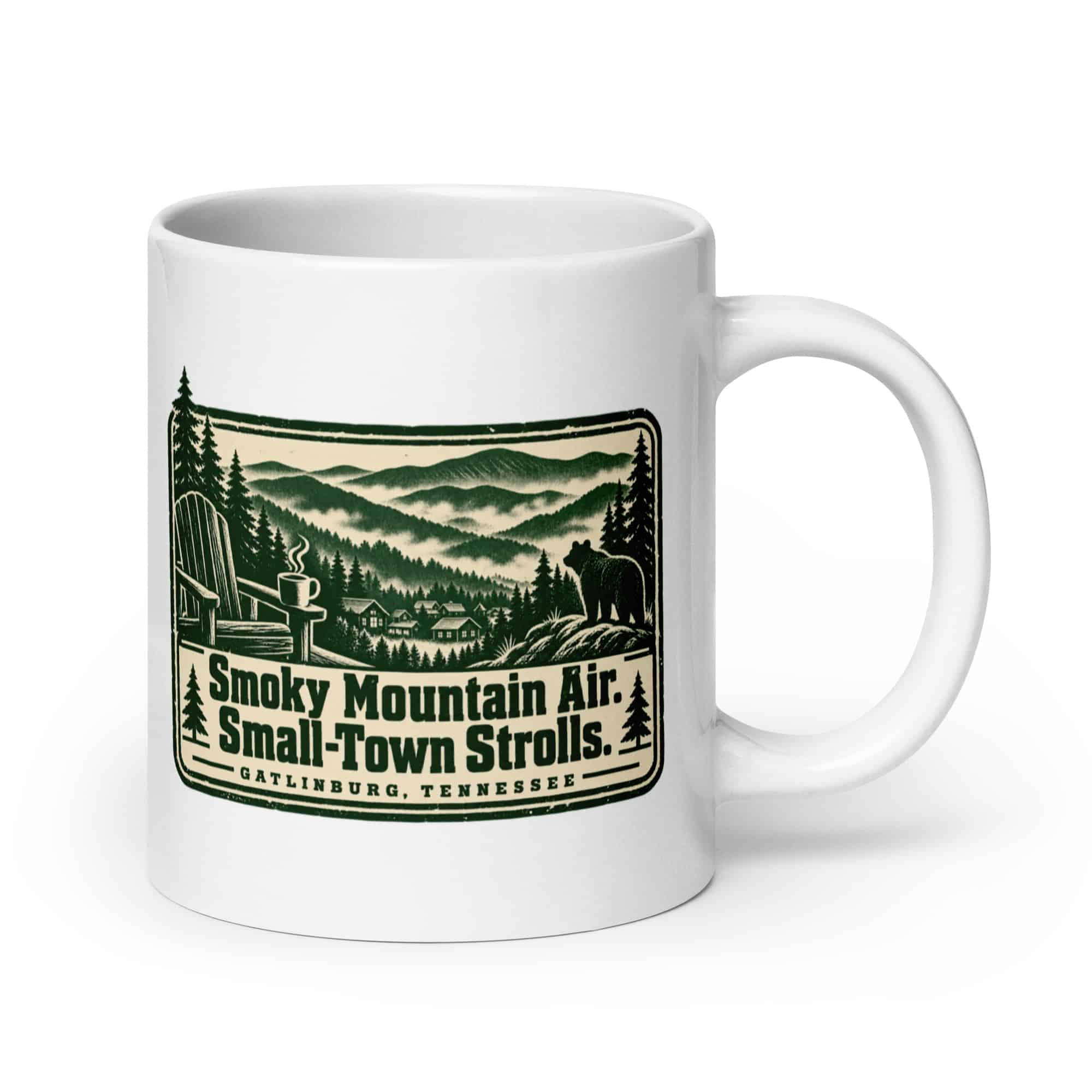 Gatlinburg and the Smokies White Ceramic Coffee Mug: Smoky Mountain Air. Small-Town Strolls, Forest Ink Stamp