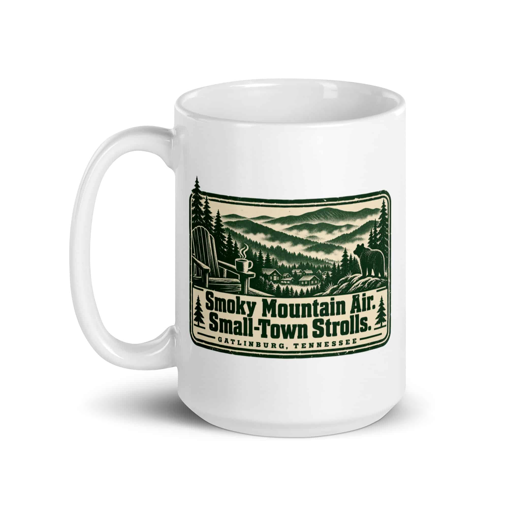 Gatlinburg and the Smokies White Ceramic Coffee Mug: Smoky Mountain Air. Small-Town Strolls, Forest Ink Stamp