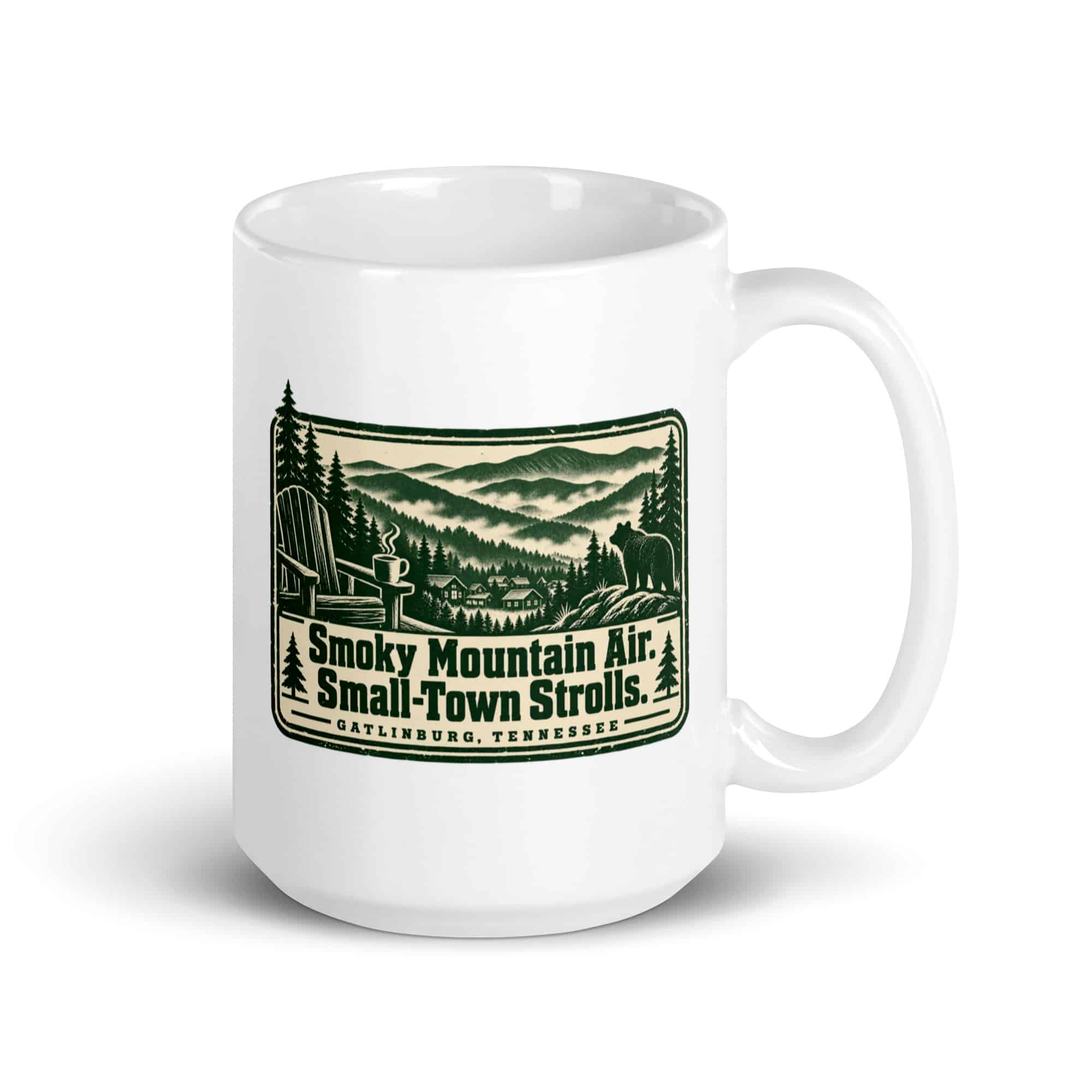 Gatlinburg and the Smokies White Ceramic Coffee Mug: Smoky Mountain Air. Small-Town Strolls, Forest Ink Stamp
