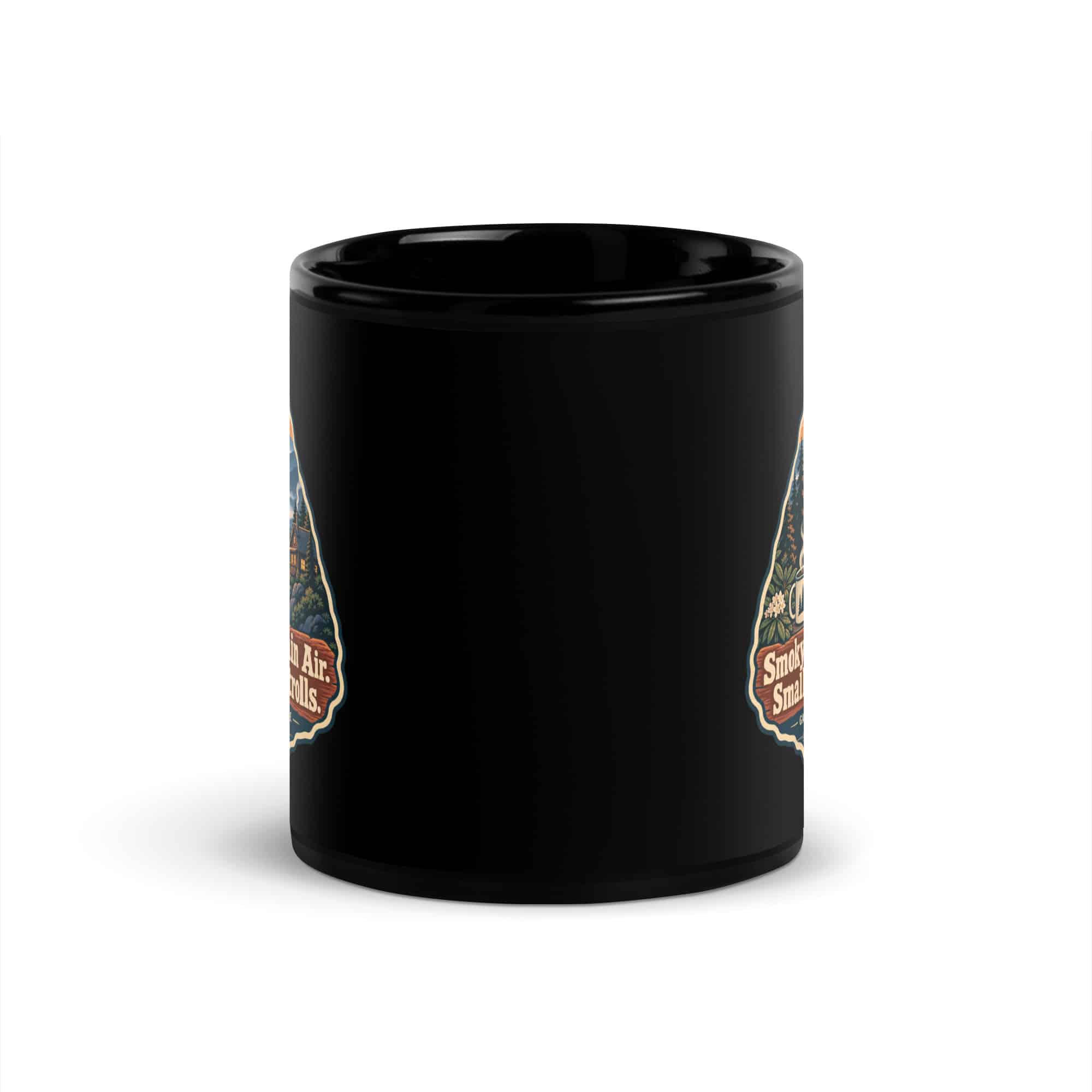 Gatlinburg and the Smokies Black Coffee Mug: Smoky Mountain Air. Small-Town Strolls, Scenic Shield Badge
