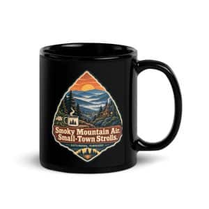 Gatlinburg and the Smokies Black Coffee Mug: Smoky Mountain Air. Small-Town Strolls, Scenic Shield Badge - 11 oz - Handle on Right
