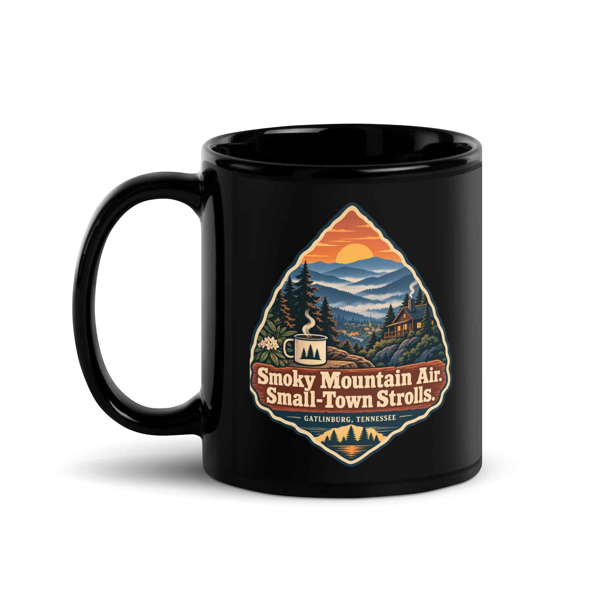 Gatlinburg and the Smokies Black Coffee Mug: Smoky Mountain Air. Small-Town Strolls, Scenic Shield Badge