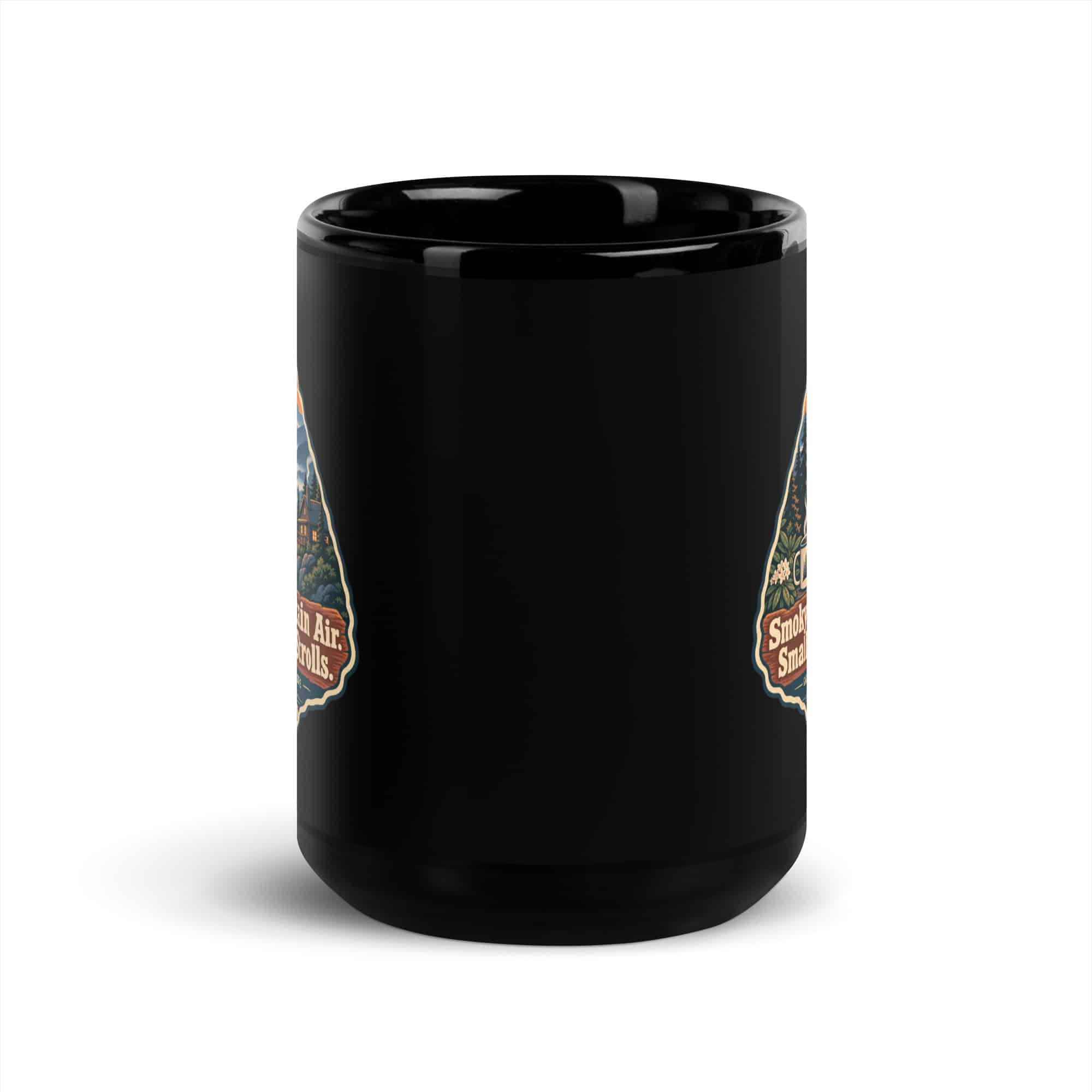 Gatlinburg and the Smokies Black Coffee Mug: Smoky Mountain Air. Small-Town Strolls, Scenic Shield Badge