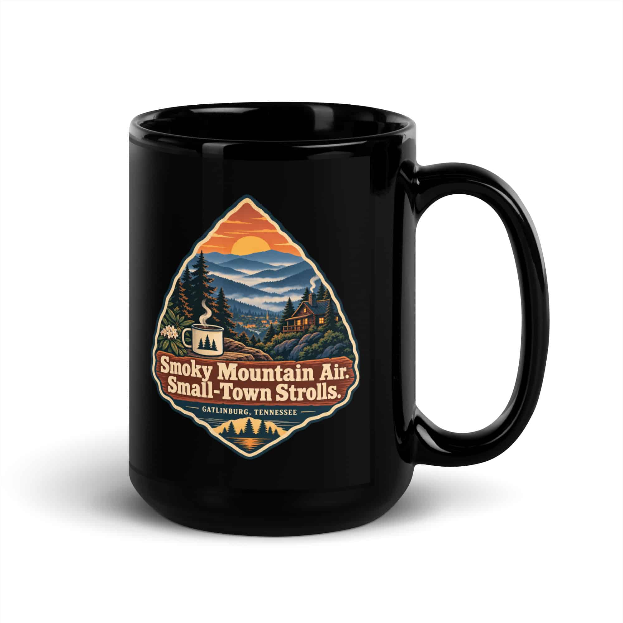 Gatlinburg and the Smokies Black Coffee Mug: Smoky Mountain Air. Small-Town Strolls, Scenic Shield Badge