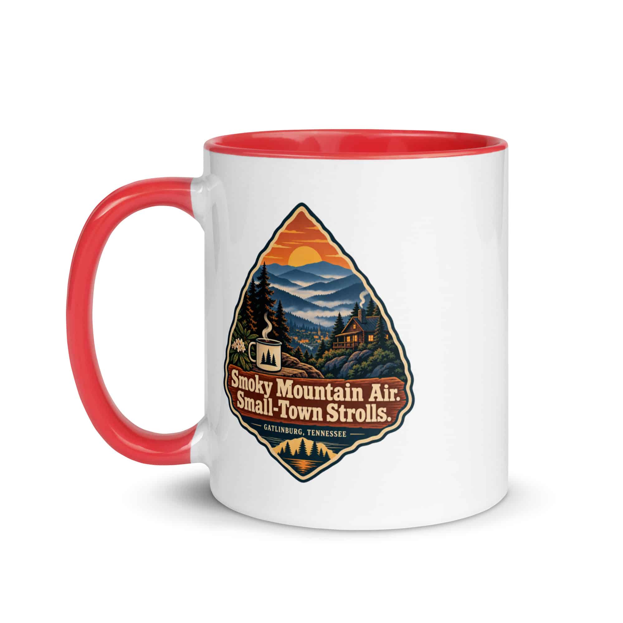 Gatlinburg and the Smokies Color Inside Coffee Mug: Smoky Mountain Air. Small-Town Strolls, Scenic Shield Badge