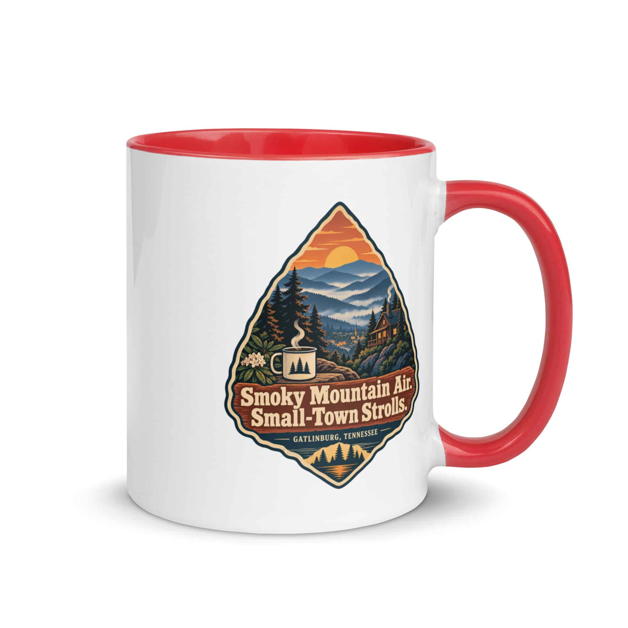Gatlinburg and the Smokies Color Inside Coffee Mug: Smoky Mountain Air. Small-Town Strolls, Scenic Shield Badge