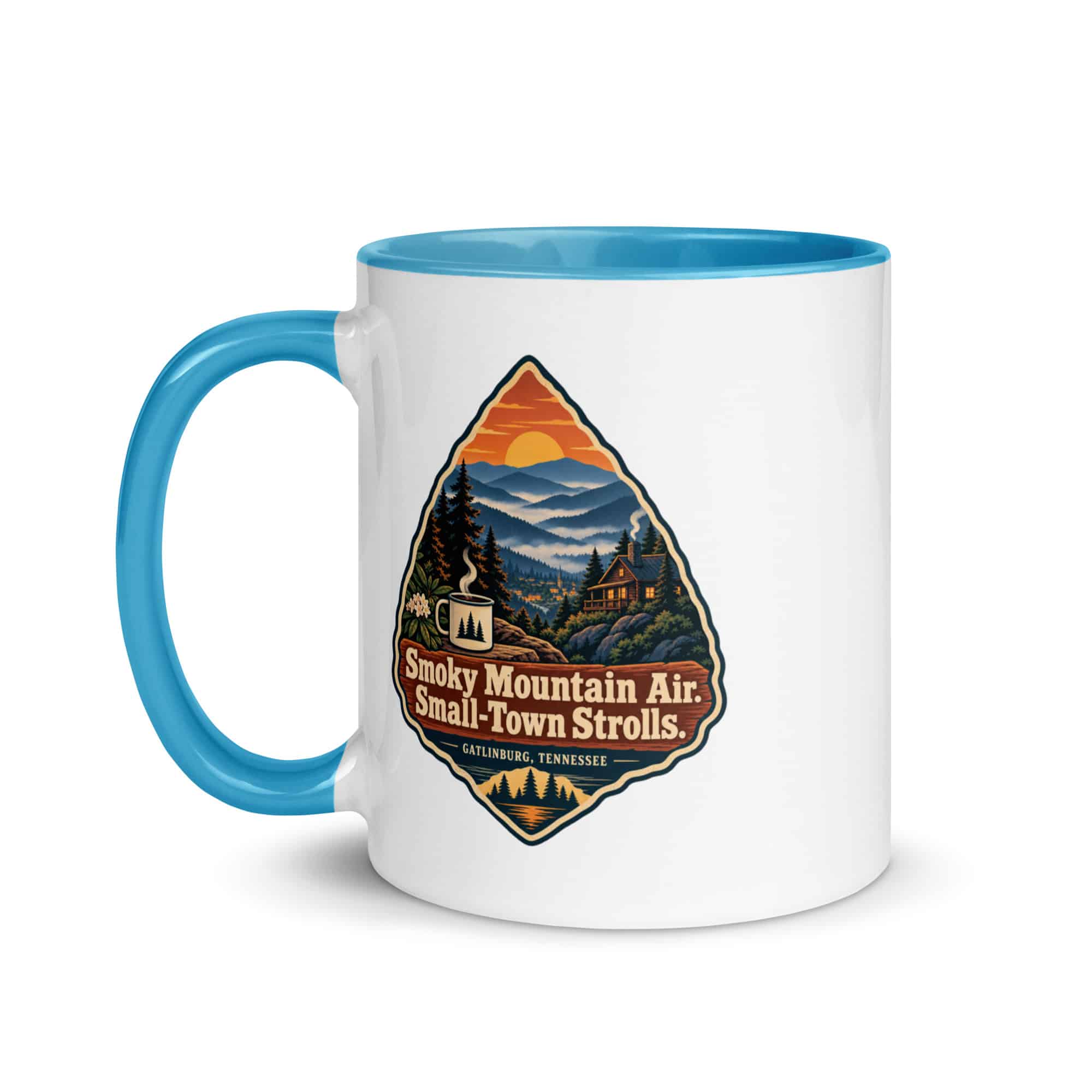Gatlinburg and the Smokies Color Inside Coffee Mug: Smoky Mountain Air. Small-Town Strolls, Scenic Shield Badge