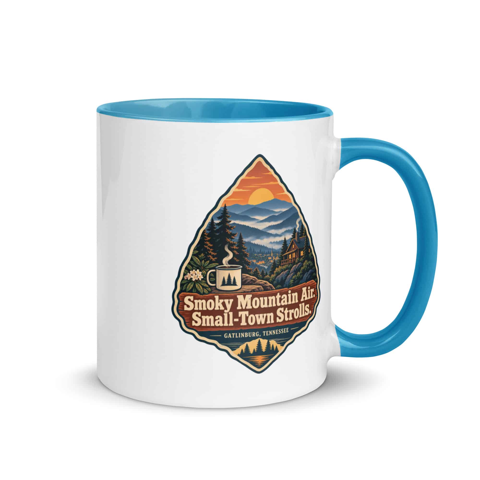 Gatlinburg and the Smokies Color Inside Coffee Mug: Smoky Mountain Air. Small-Town Strolls, Scenic Shield Badge