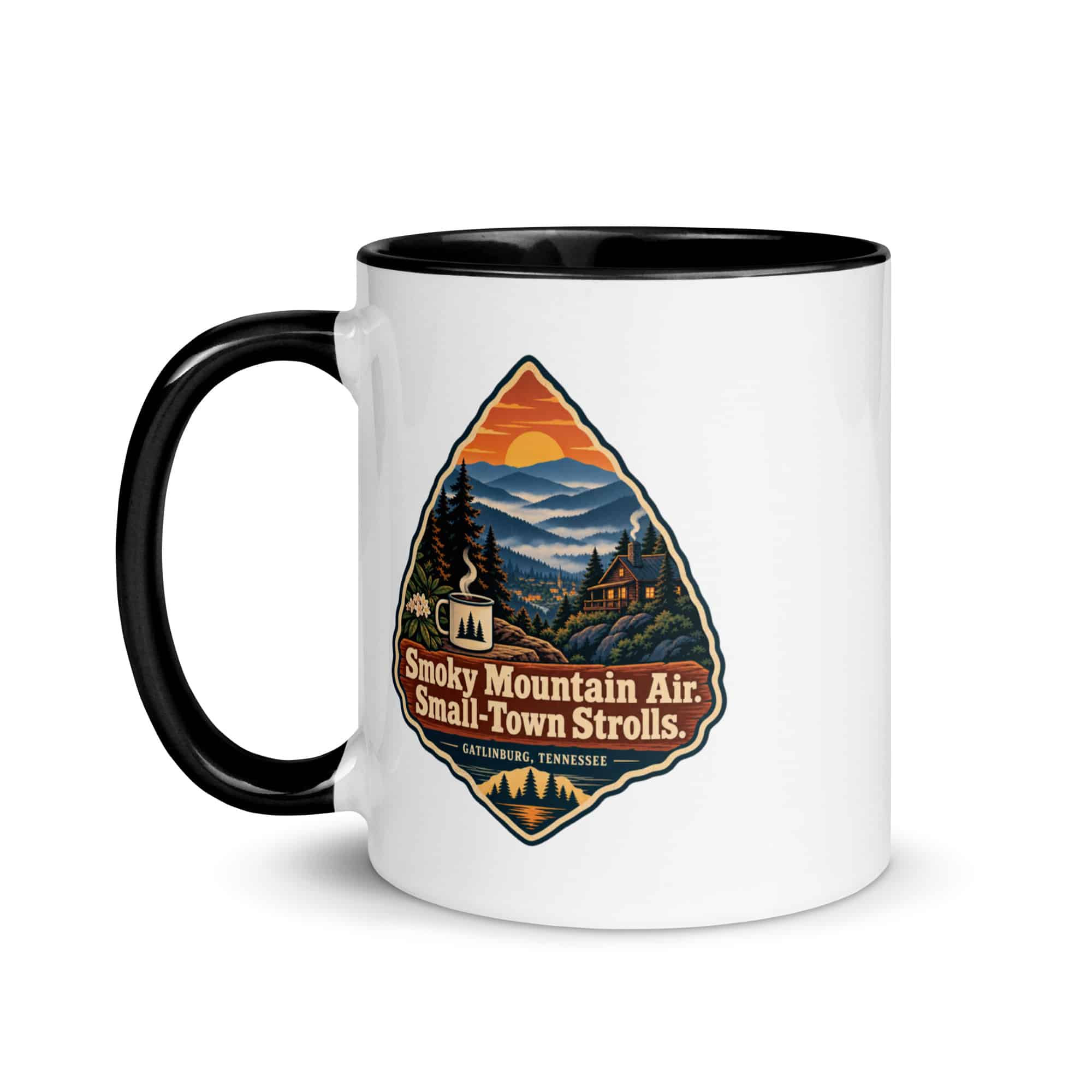 Gatlinburg and the Smokies Color Inside Coffee Mug: Smoky Mountain Air. Small-Town Strolls, Scenic Shield Badge