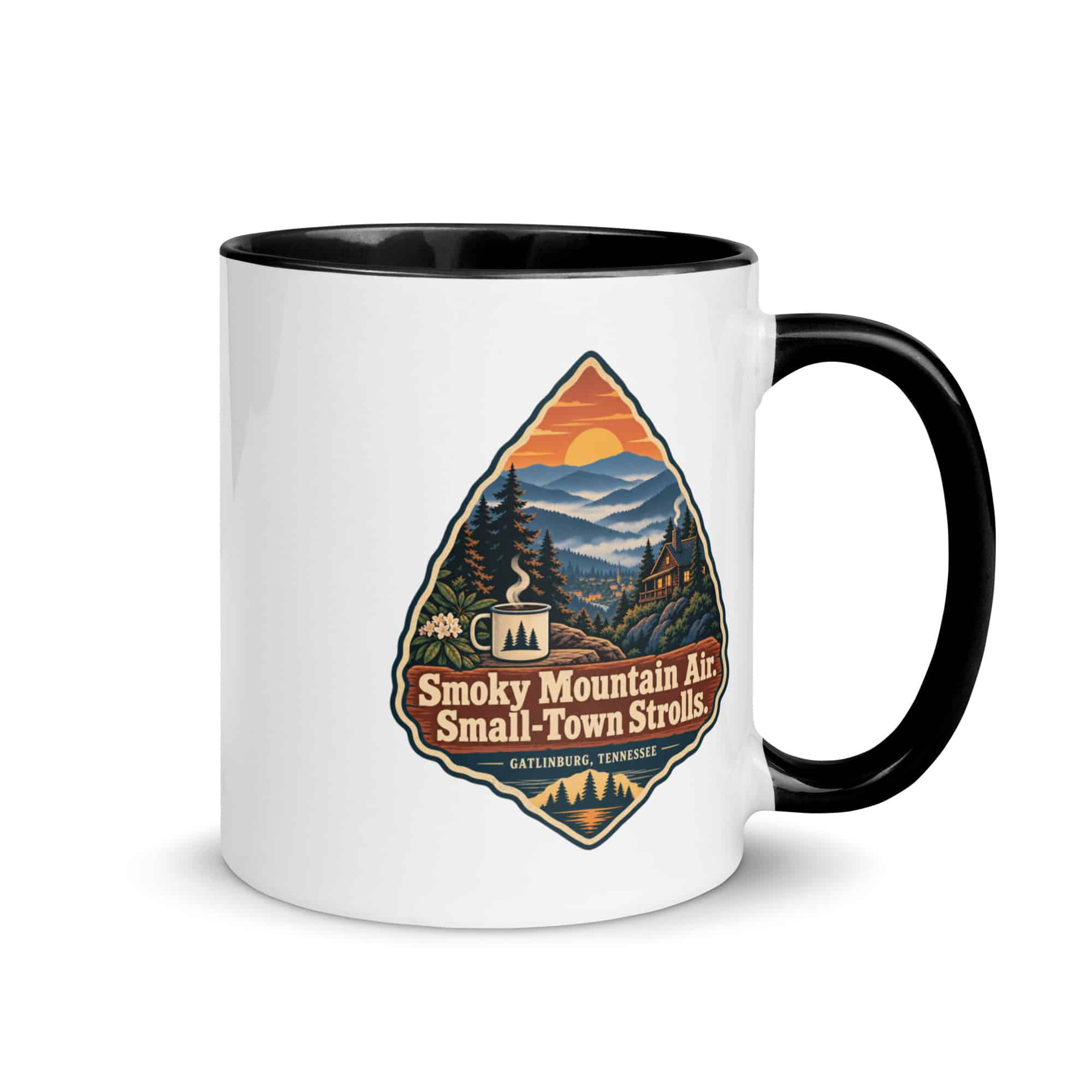 Gatlinburg and the Smokies Color Inside Coffee Mug: Smoky Mountain Air. Small-Town Strolls, Scenic Shield Badge