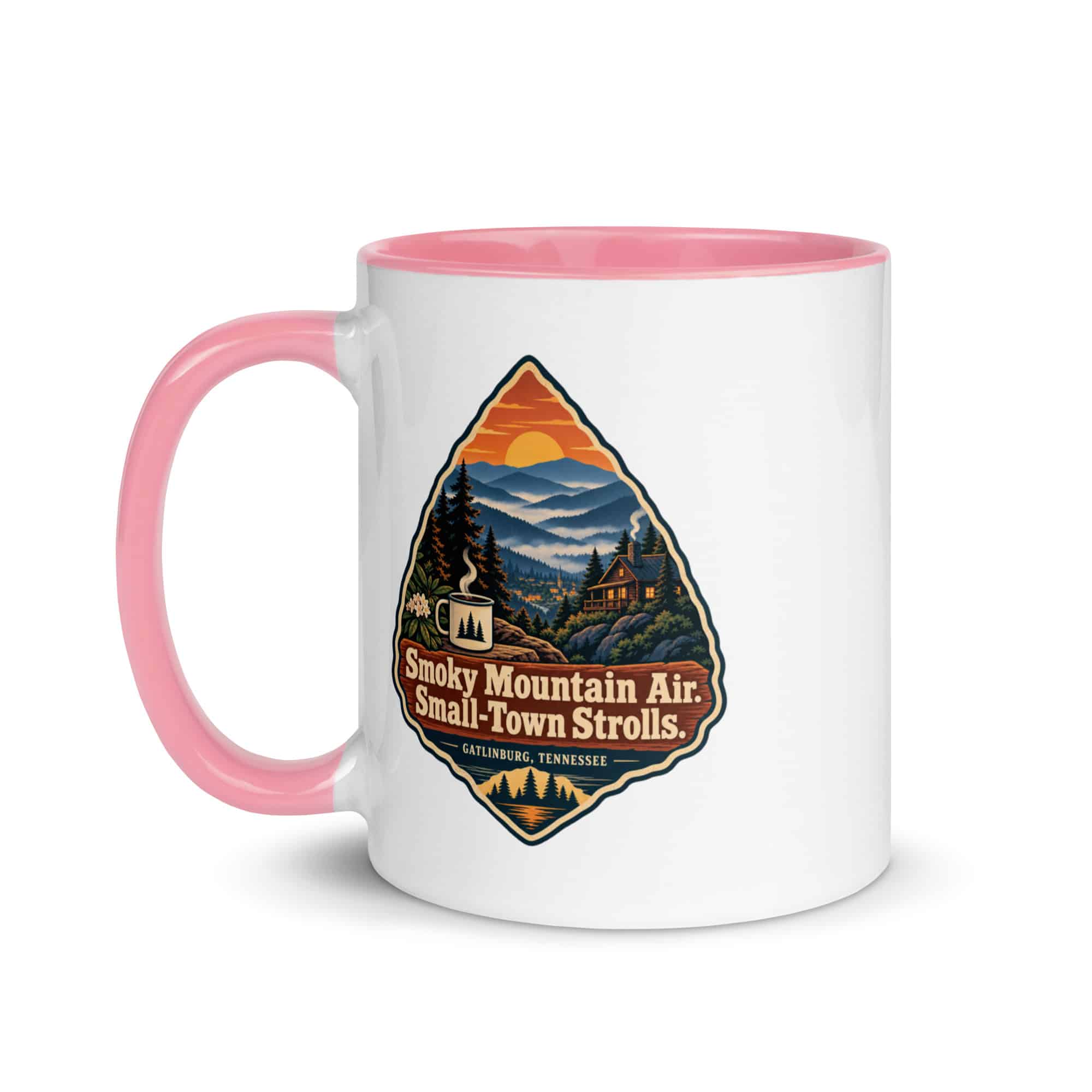 Gatlinburg and the Smokies Color Inside Coffee Mug: Smoky Mountain Air. Small-Town Strolls, Scenic Shield Badge