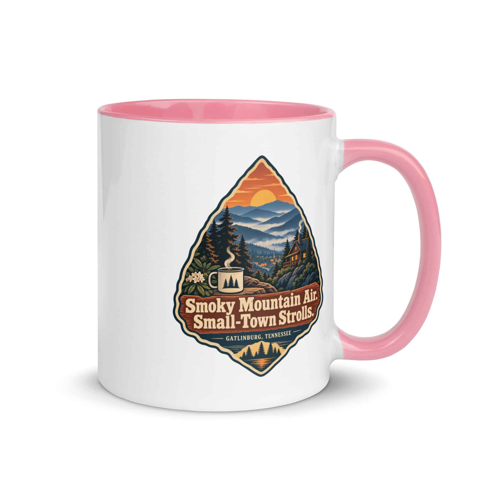 Gatlinburg and the Smokies Color Inside Coffee Mug: Smoky Mountain Air. Small-Town Strolls, Scenic Shield Badge