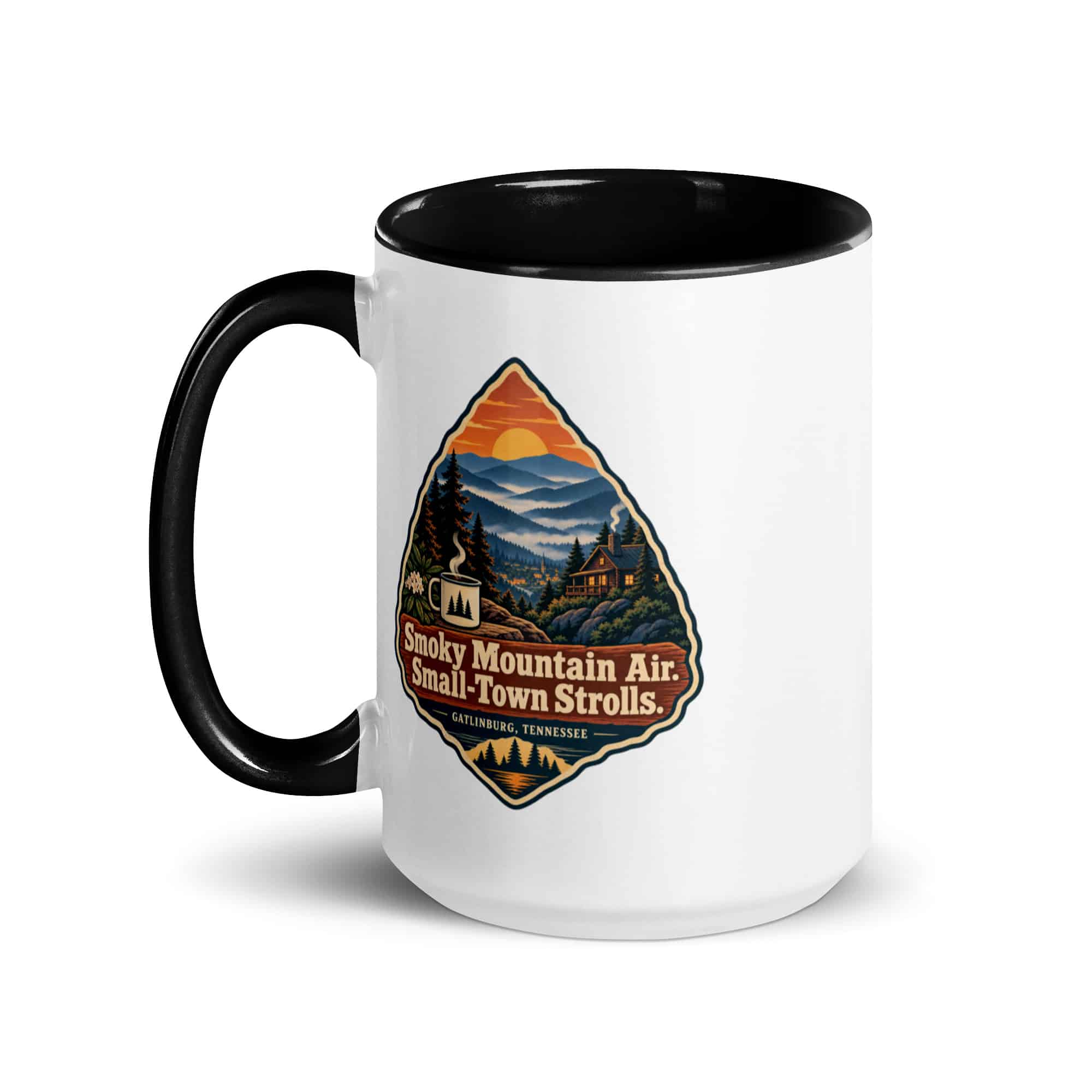 Gatlinburg and the Smokies Color Inside Coffee Mug: Smoky Mountain Air. Small-Town Strolls, Scenic Shield Badge
