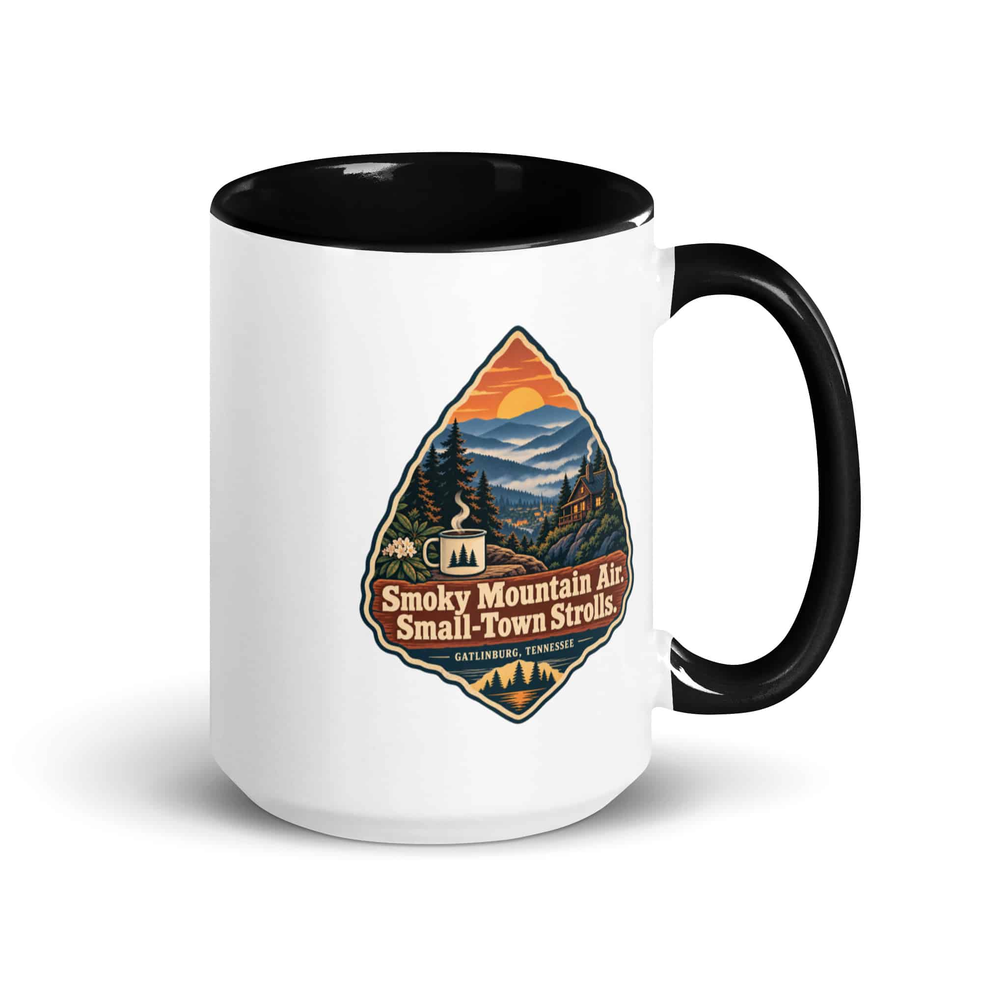 Gatlinburg and the Smokies Color Inside Coffee Mug: Smoky Mountain Air. Small-Town Strolls, Scenic Shield Badge