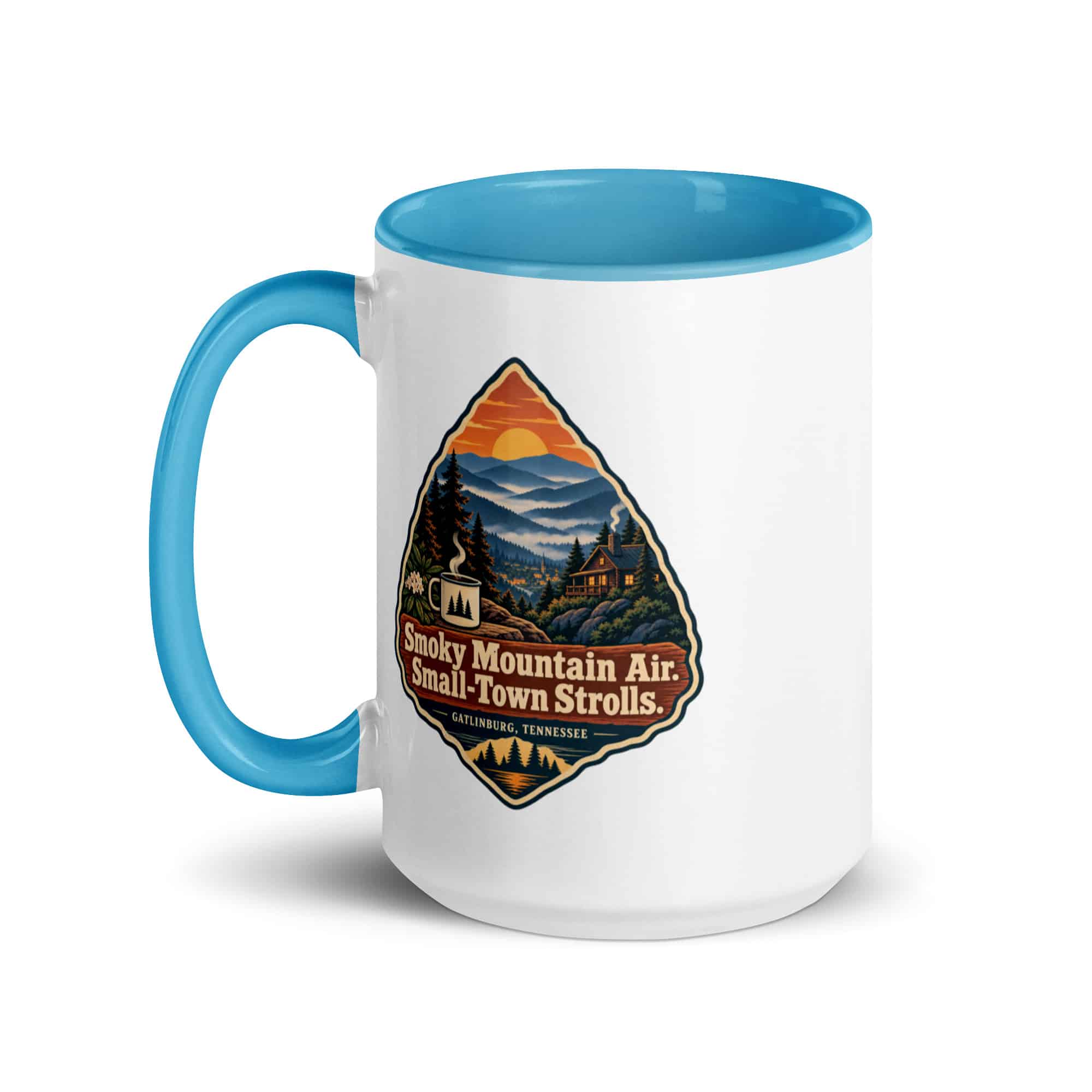 Gatlinburg and the Smokies Color Inside Coffee Mug: Smoky Mountain Air. Small-Town Strolls, Scenic Shield Badge