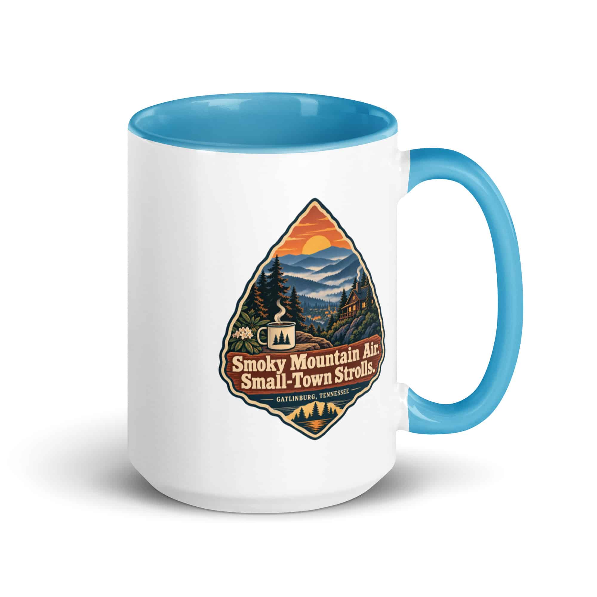 Gatlinburg and the Smokies Color Inside Coffee Mug: Smoky Mountain Air. Small-Town Strolls, Scenic Shield Badge