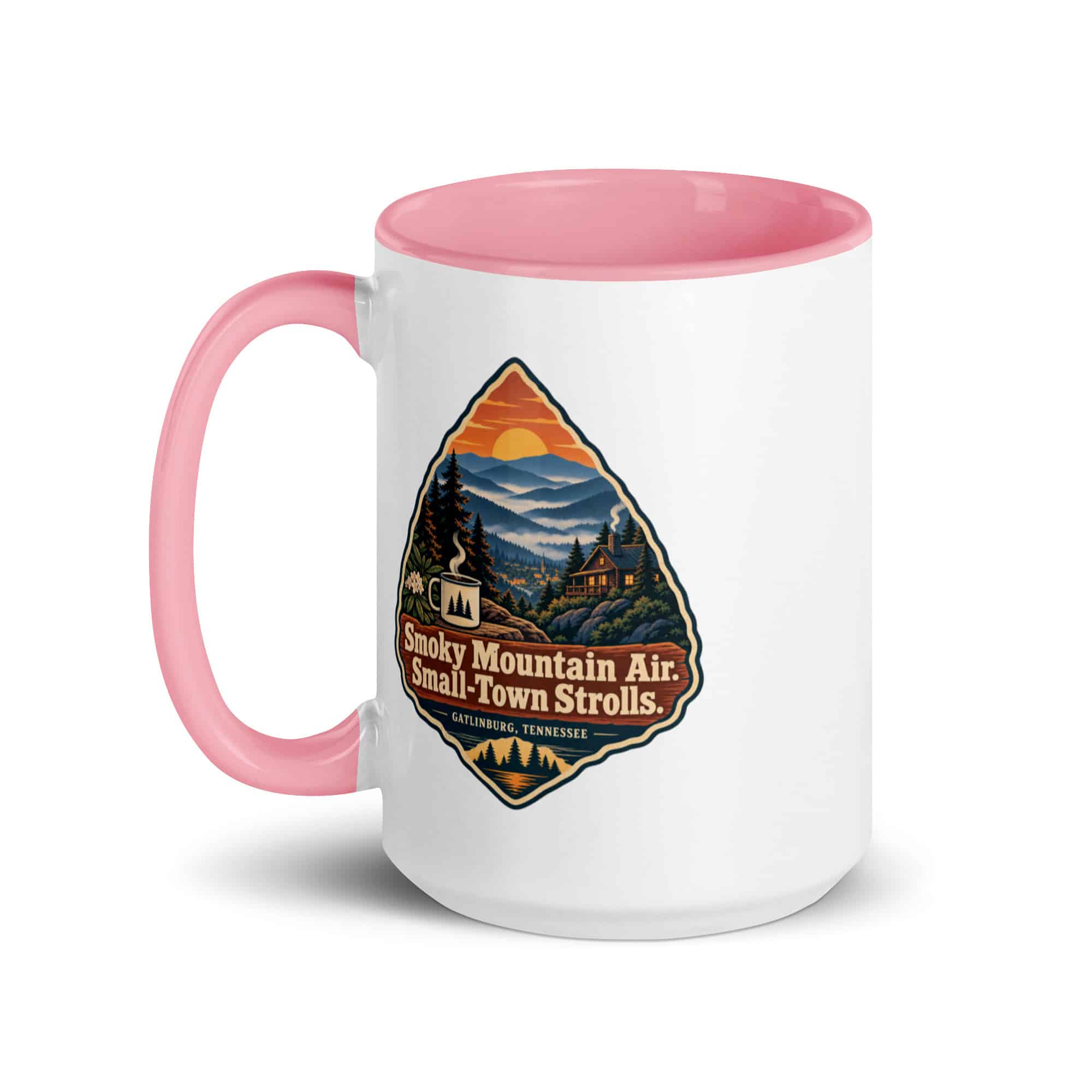 Gatlinburg and the Smokies Color Inside Coffee Mug: Smoky Mountain Air. Small-Town Strolls, Scenic Shield Badge