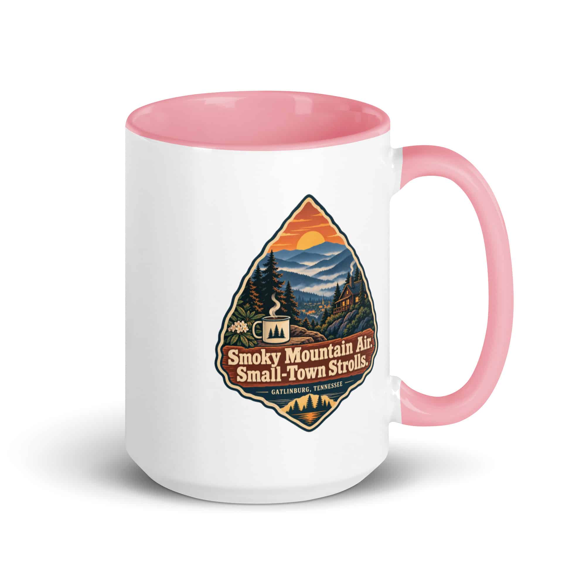Gatlinburg and the Smokies Color Inside Coffee Mug: Smoky Mountain Air. Small-Town Strolls, Scenic Shield Badge