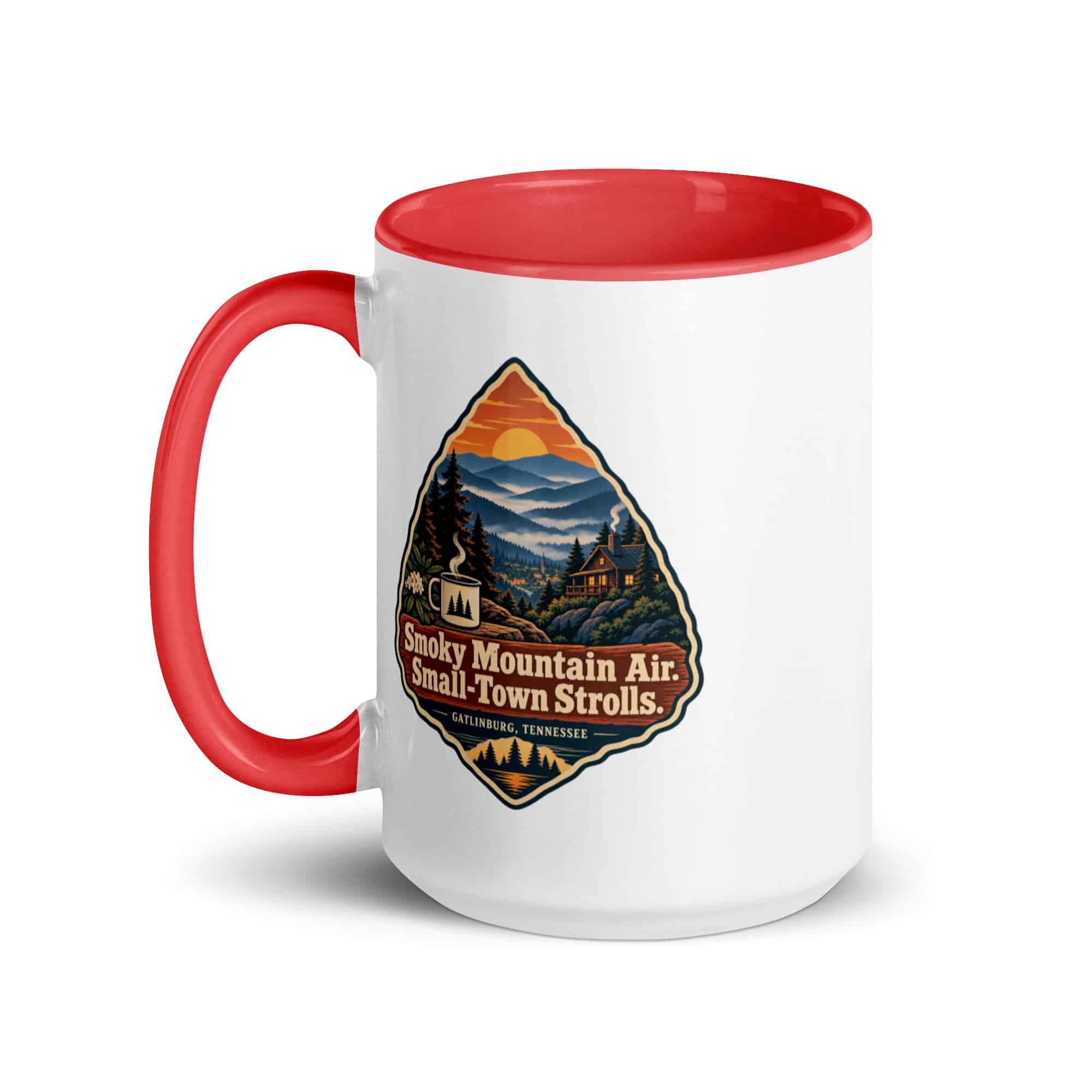 Gatlinburg and the Smokies Color Inside Coffee Mug: Smoky Mountain Air. Small-Town Strolls, Scenic Shield Badge