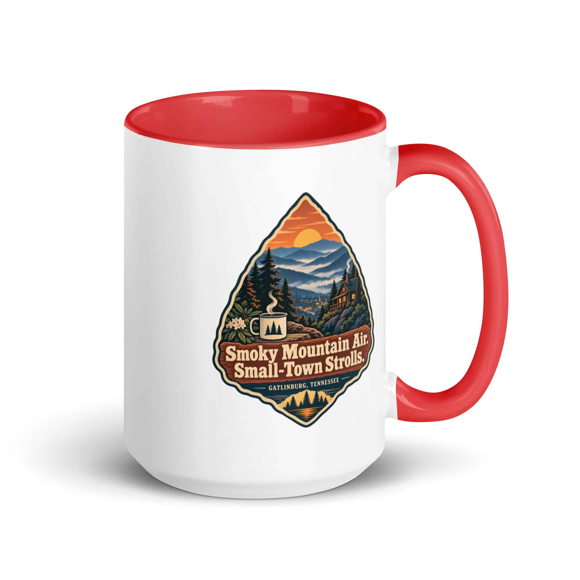 Gatlinburg and the Smokies Color Inside Coffee Mug: Smoky Mountain Air. Small-Town Strolls, Scenic Shield Badge